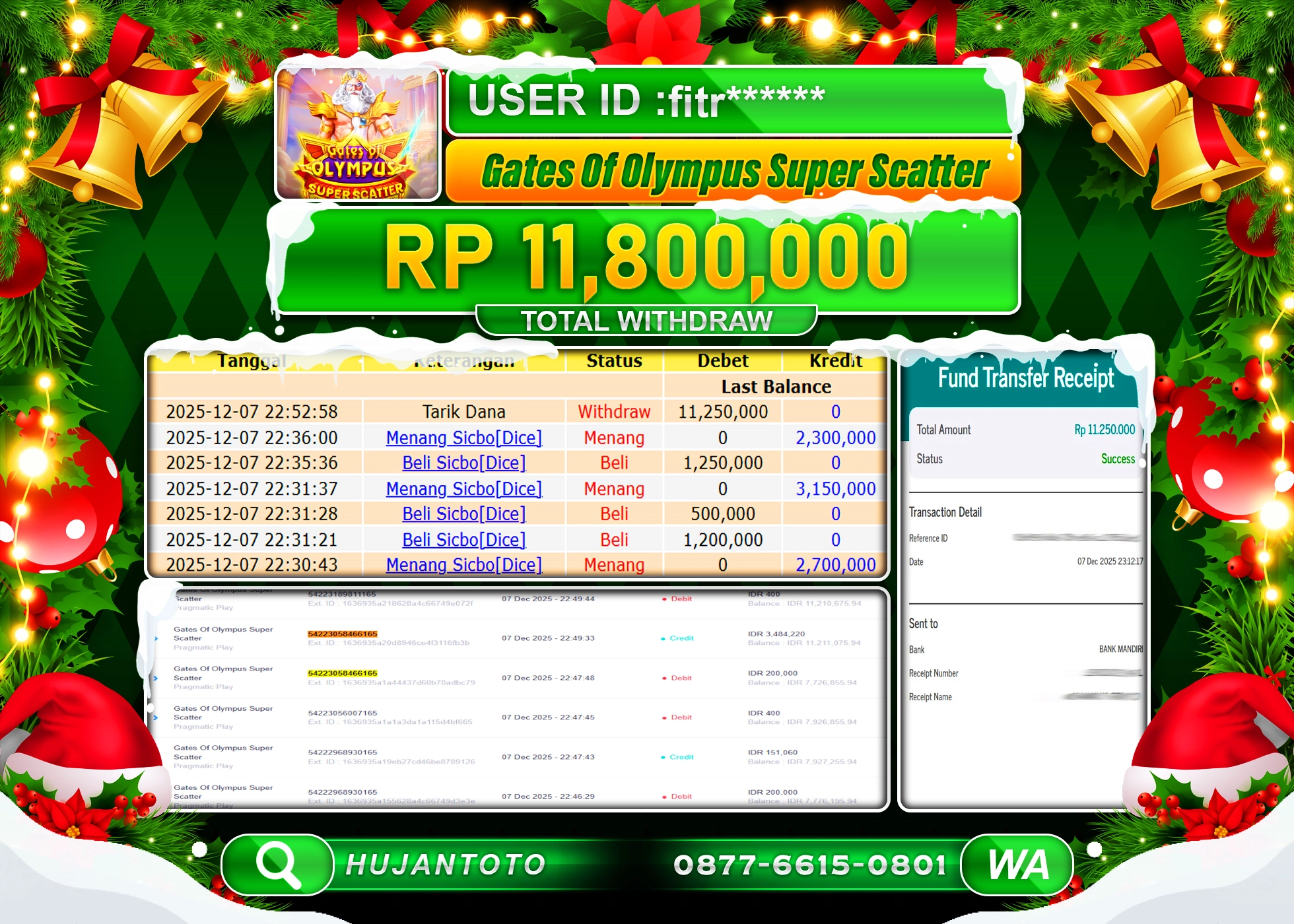 HUJANTOTO - BUKTI JACKPOT MENANG GATES OF OLYMPUS SUPER SCATTER Rp.11,800,000 - TERBAYAR LUNAS