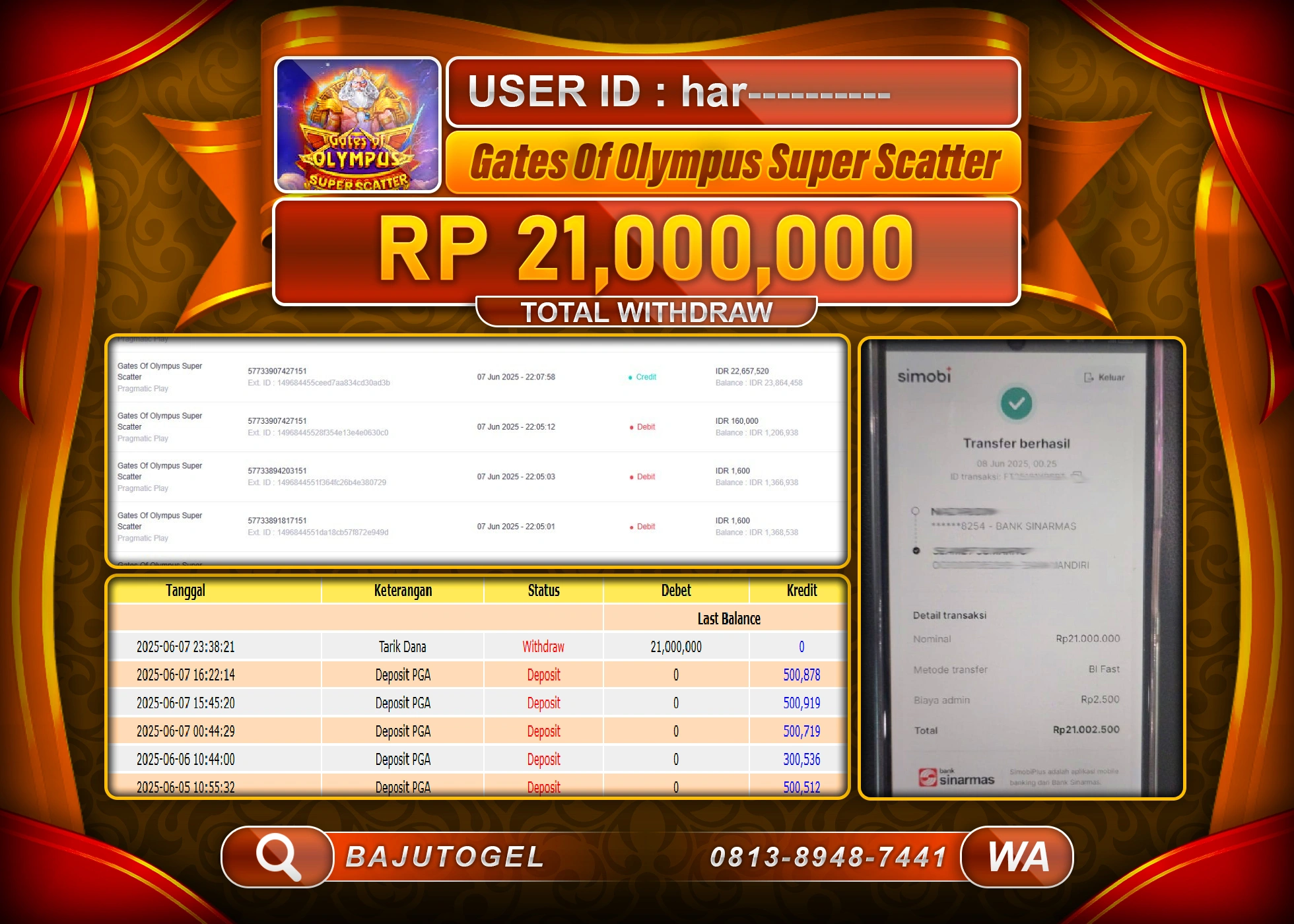 BAJUTOGEL GATES OF OLYMPUS SUPER SCATTER   Rp.21.000.000 LUNAS