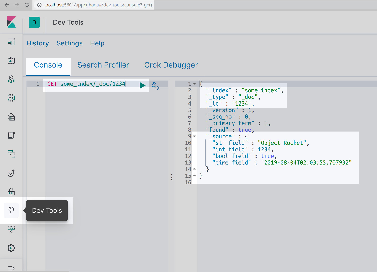Screenshot of Kibana Dev Tools Console getting Elasticsearch document by _id