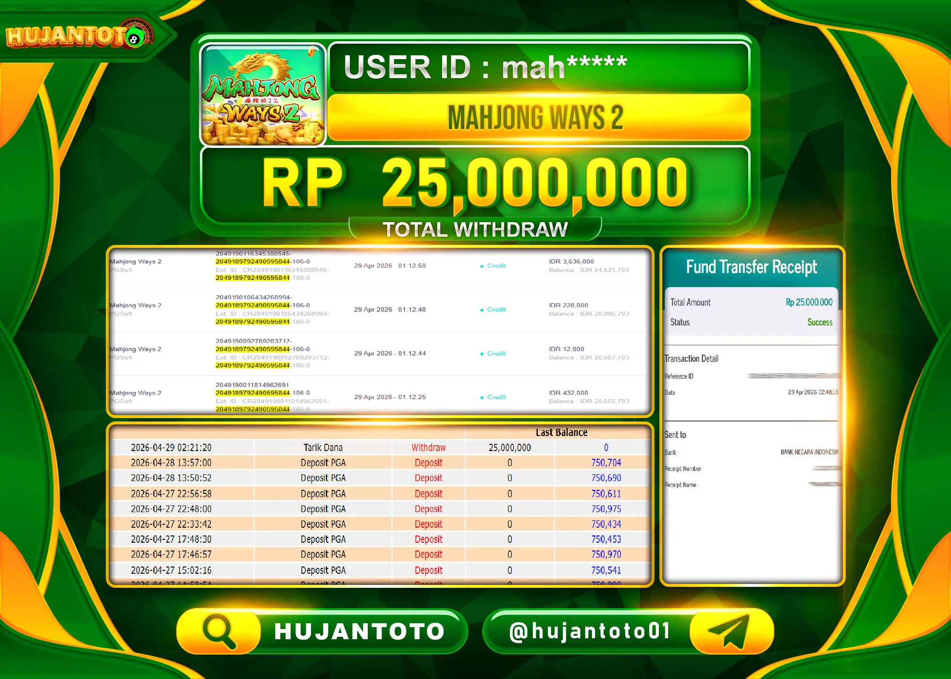 HUJANTOTO - BUKTI JACKPOT MENANG SLOT MAHJONG WAYS 2 Rp.25,000,000 - TERBAYAR LUNAS