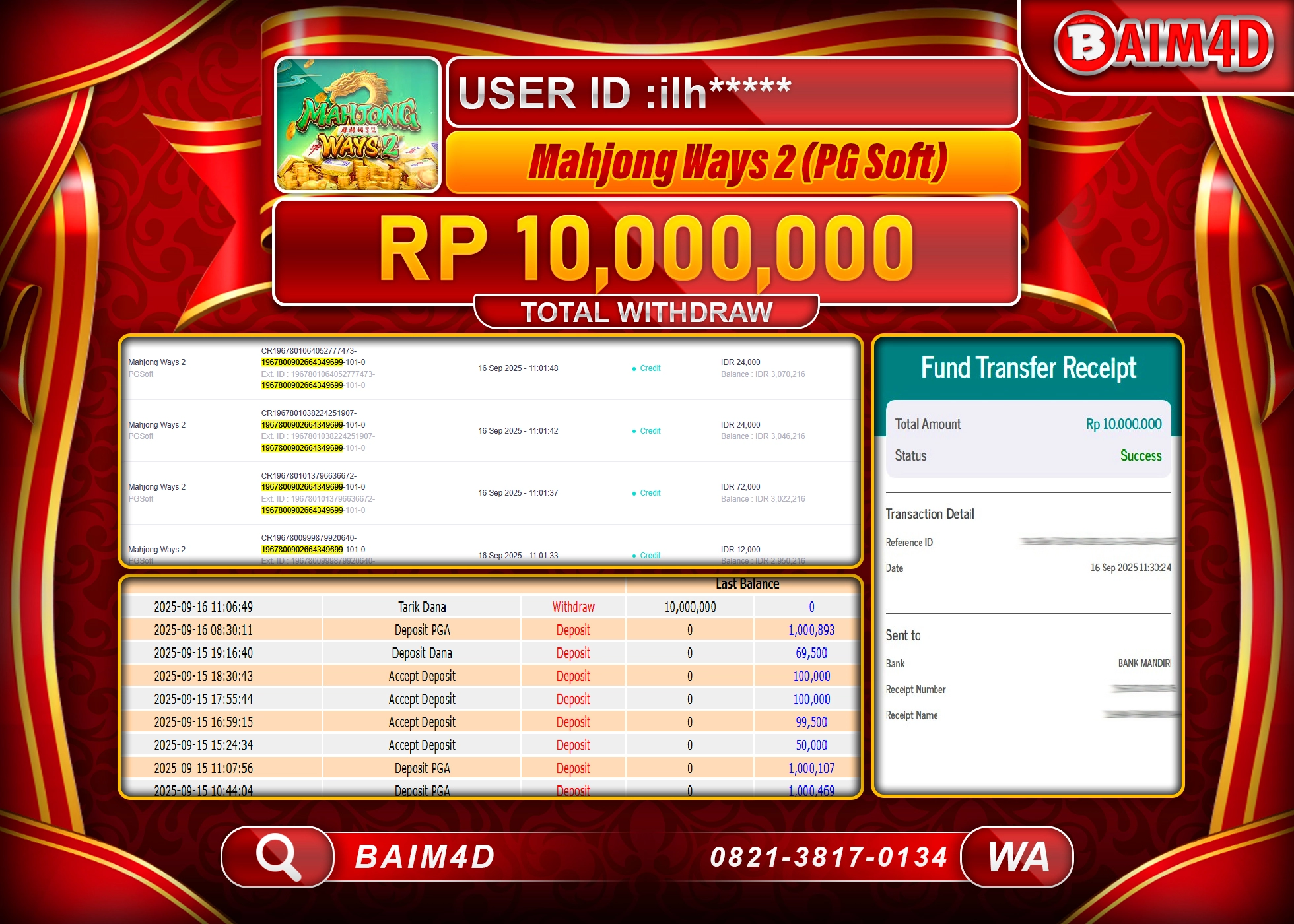 BAIM4D JACKPOT SLOT SLOT MAHJONG WAYS 2 PGSOFT  Rp.10,000,000.- LUNAS