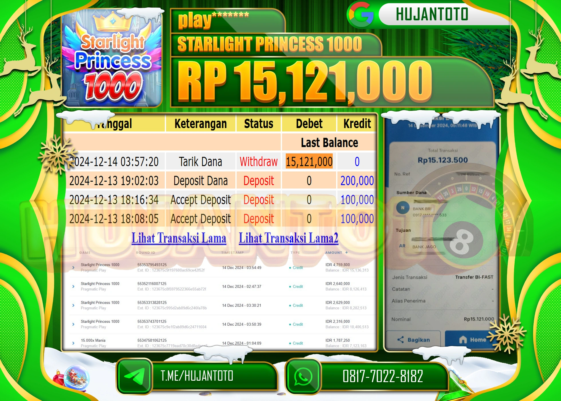 HUJANTOTO ATAS KEMENANGAN BESAR YANG DI RAIH DI PERMAINA SLOT STARLIGHT PRINCES 1000 SEBESAR - 15,121,000 - TERBAYAR LUNAS