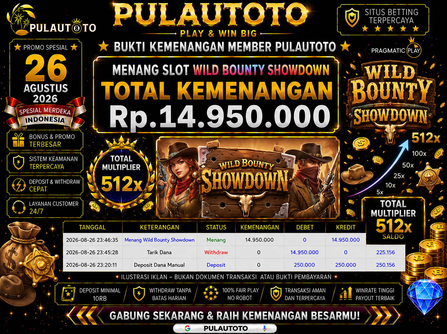 🏆 BUKTI KEMENANGAN MEMBER PULAUTOTO KEMENANGAN PG SOFT WILD BOUNTY SHOWDOWN 🏆