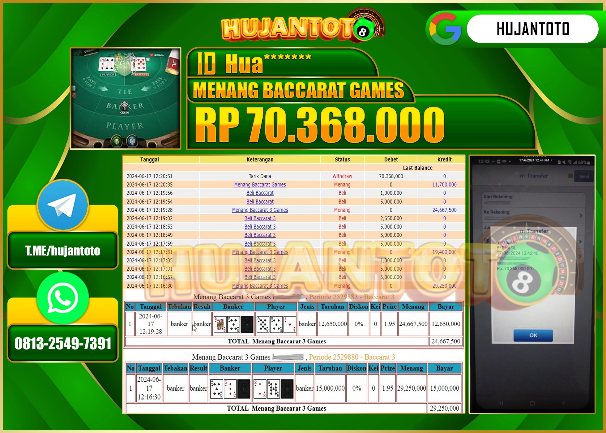 HUJANTOTO MENANG DI BACCARAT GAMES 70.368.000 - LUNAS 