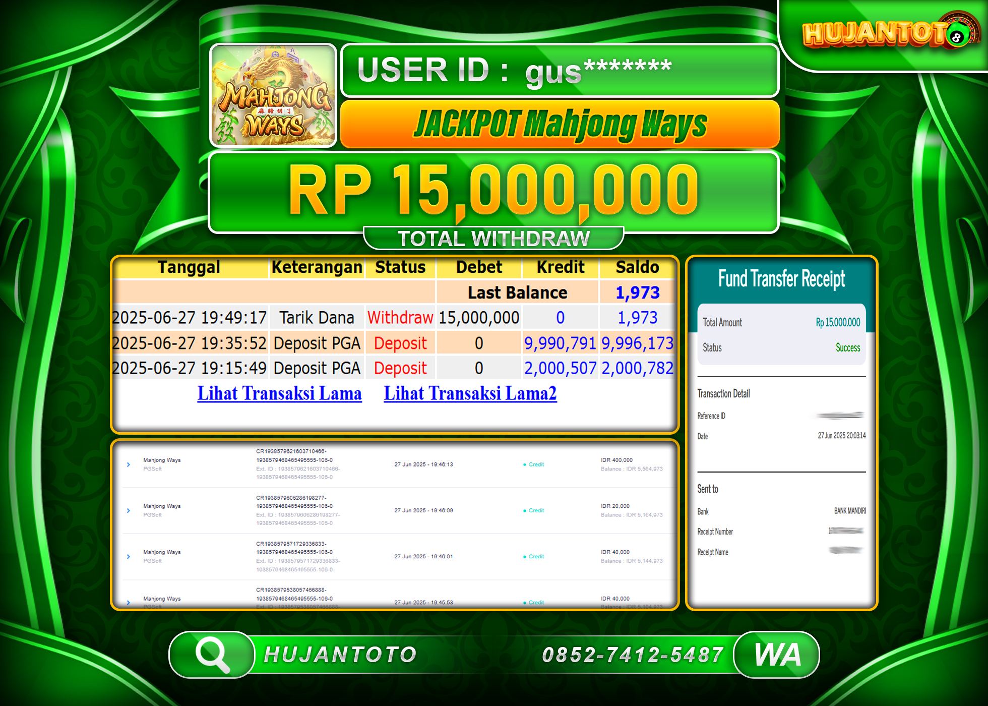 HUJANTOTO - BUKTI JACKPOT MENANG DI SLOT MAHJONG WASYS Rp.11,000,000 - TERBAYAR LUNAS