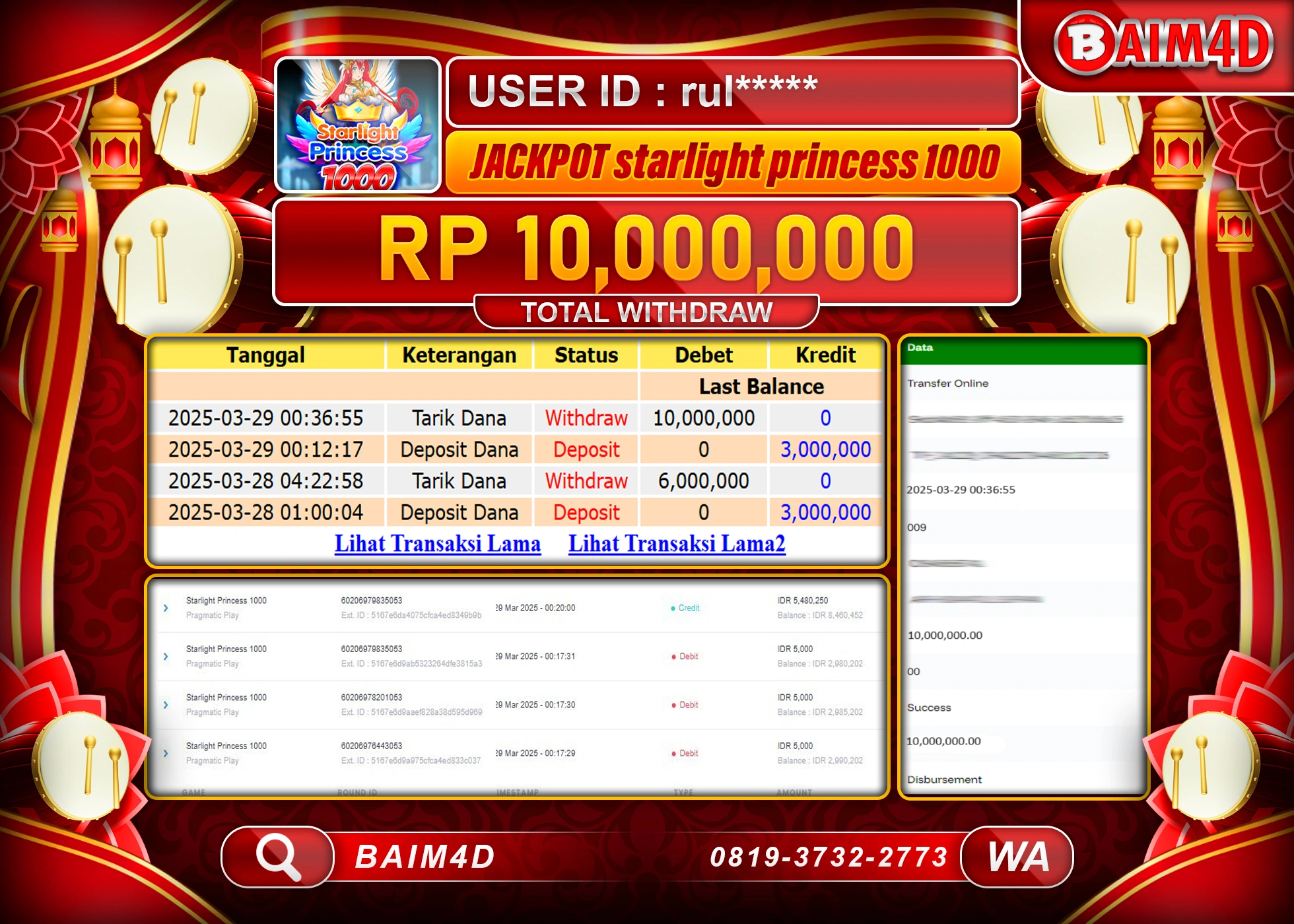 BAIM4D  MENANG STARLIGHT PRINCESS  1000 Rp.10.000,000.- LUNAS