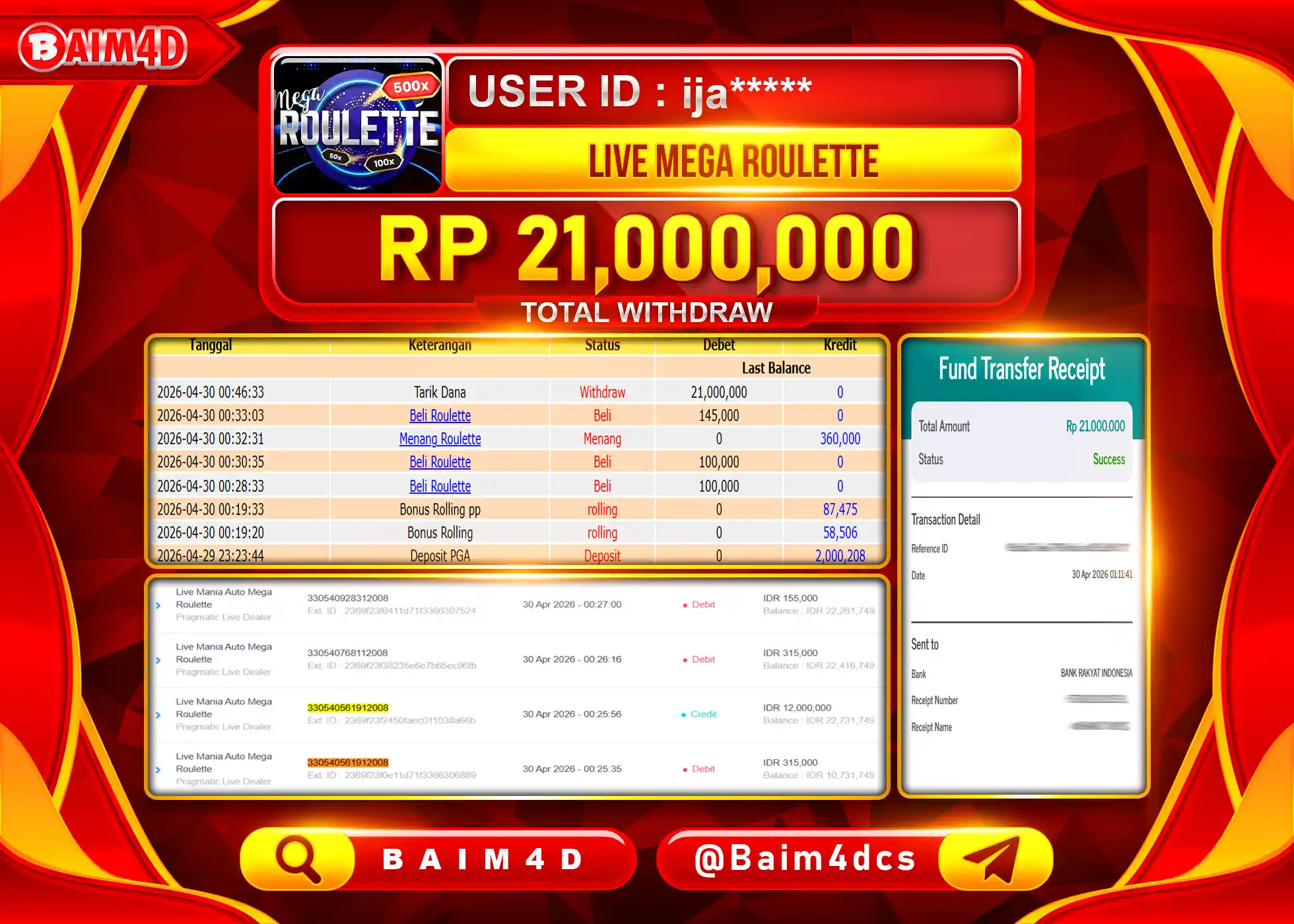 BAIM4D JACKPOT LIVE GAME MEGA ROULETTE Rp.21,000,000 - LUNAS
