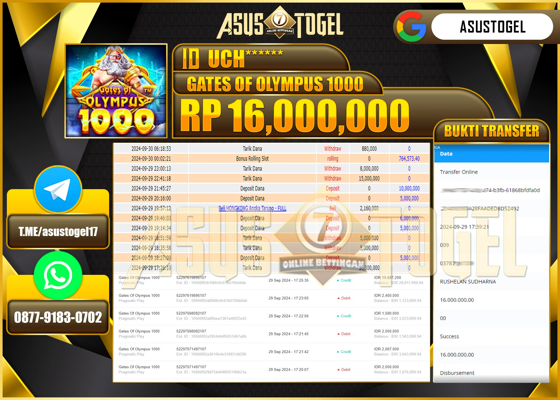 ASUSTOGEL KEMENANGAN  DI GAMES   GATES OF OLYMPUS 1000 16,000,000- RUPIAH LUNAS