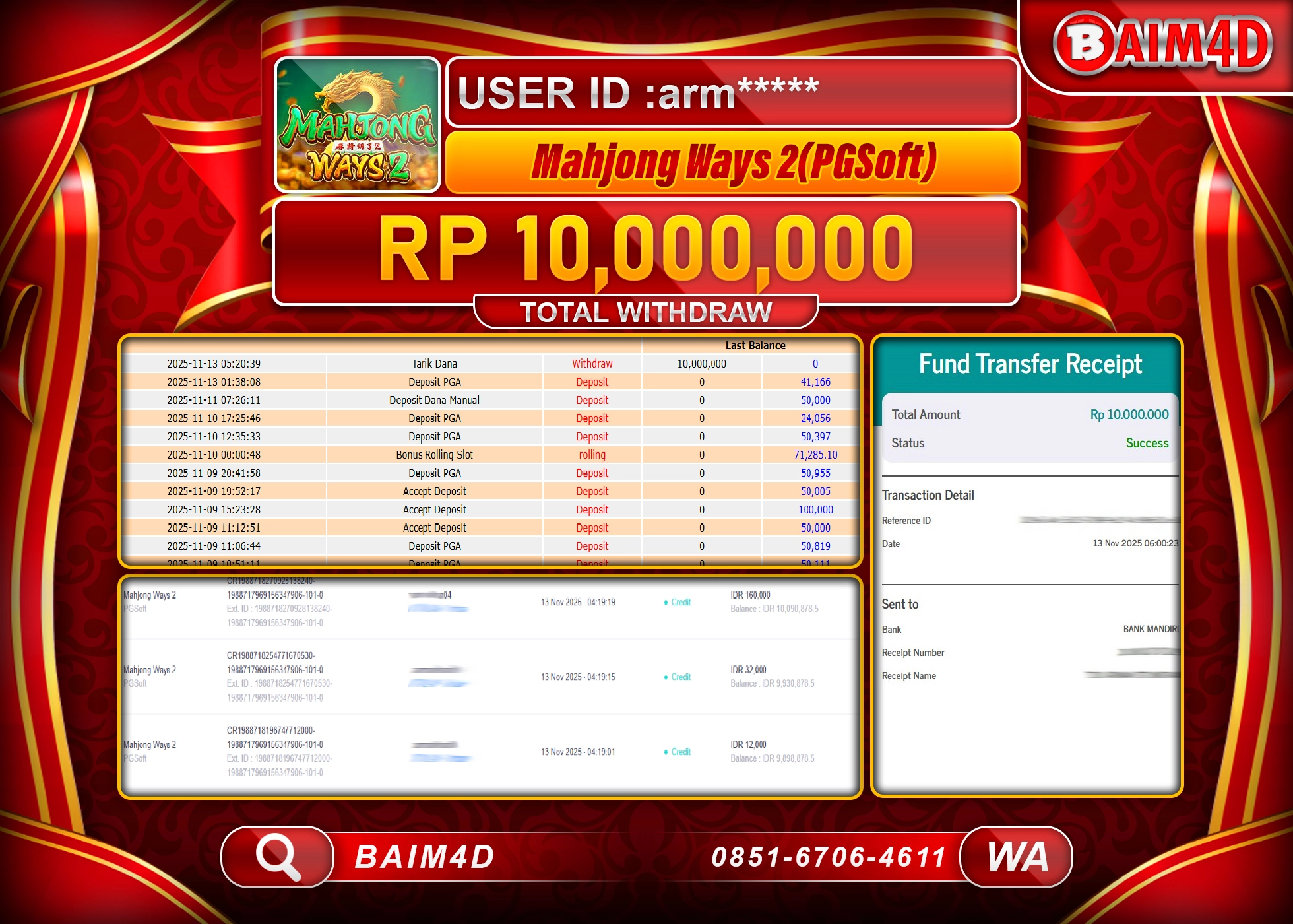 BAIM4D JACKPOT  SLOT MAHJONG WAYS 2 PG SOFT  Rp.10,000,000 - LUNAS