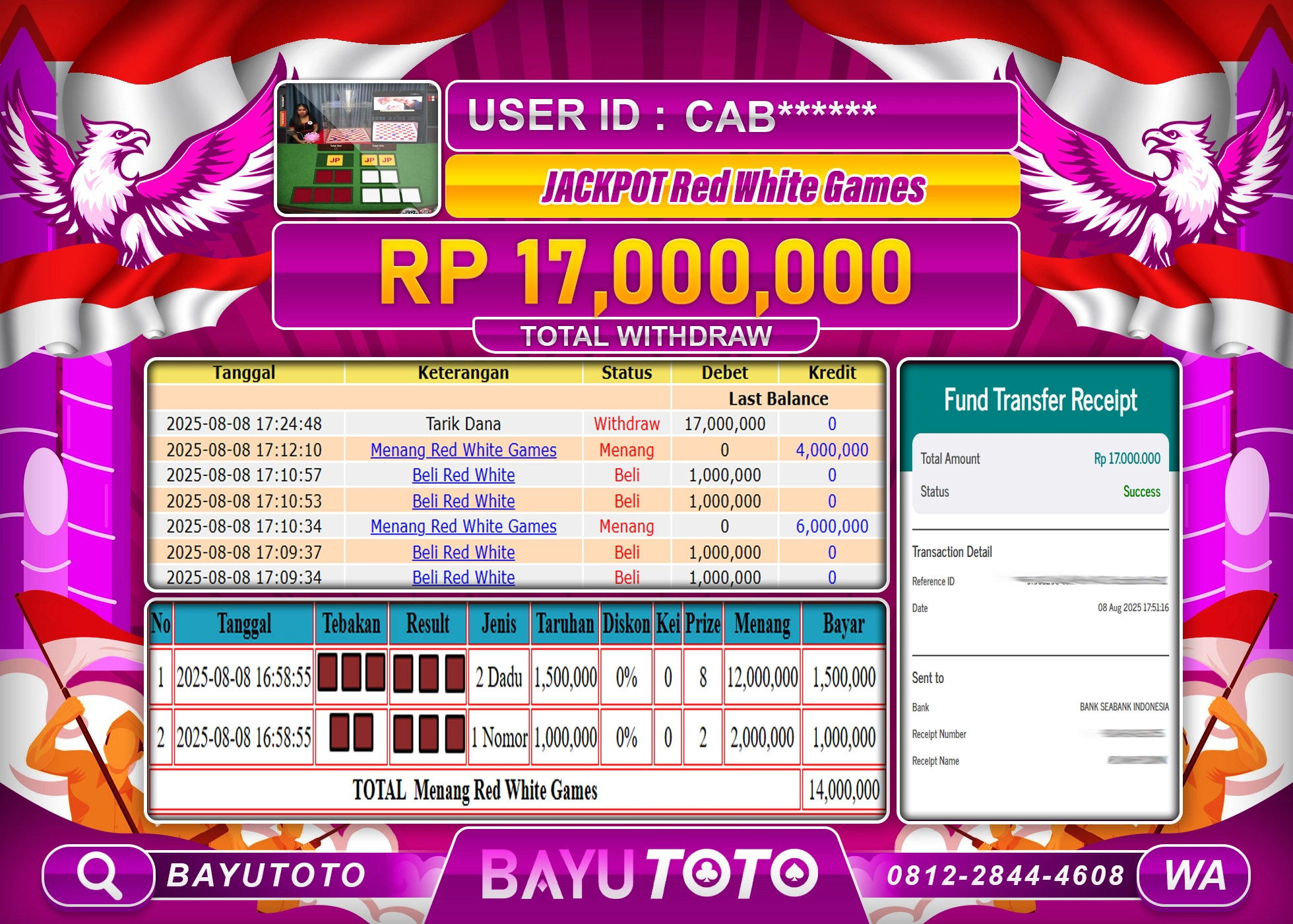 BAYUTOTO JACKPOT DI LIVE CASINO RED WHITE GAMES Rp.17,000,000 LUNAS
