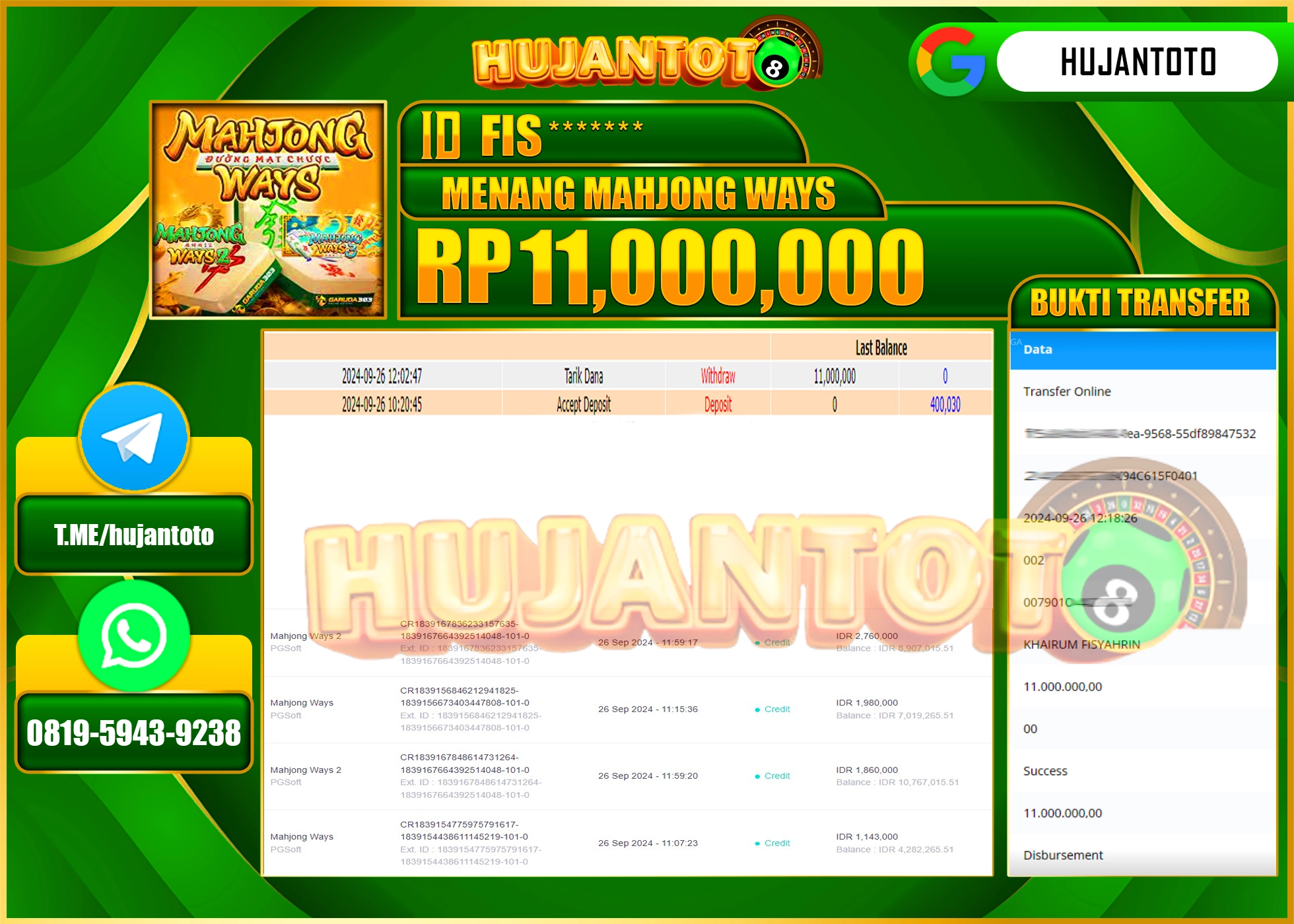 HUJANTOTO MENANG BESAR DI PERMAINAN SLOT MAHJONG WAYS - 11,000,000 - LUNAS 