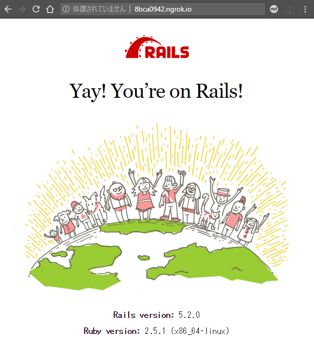 ngrok から Rails アプリケーションのページを表示したところ