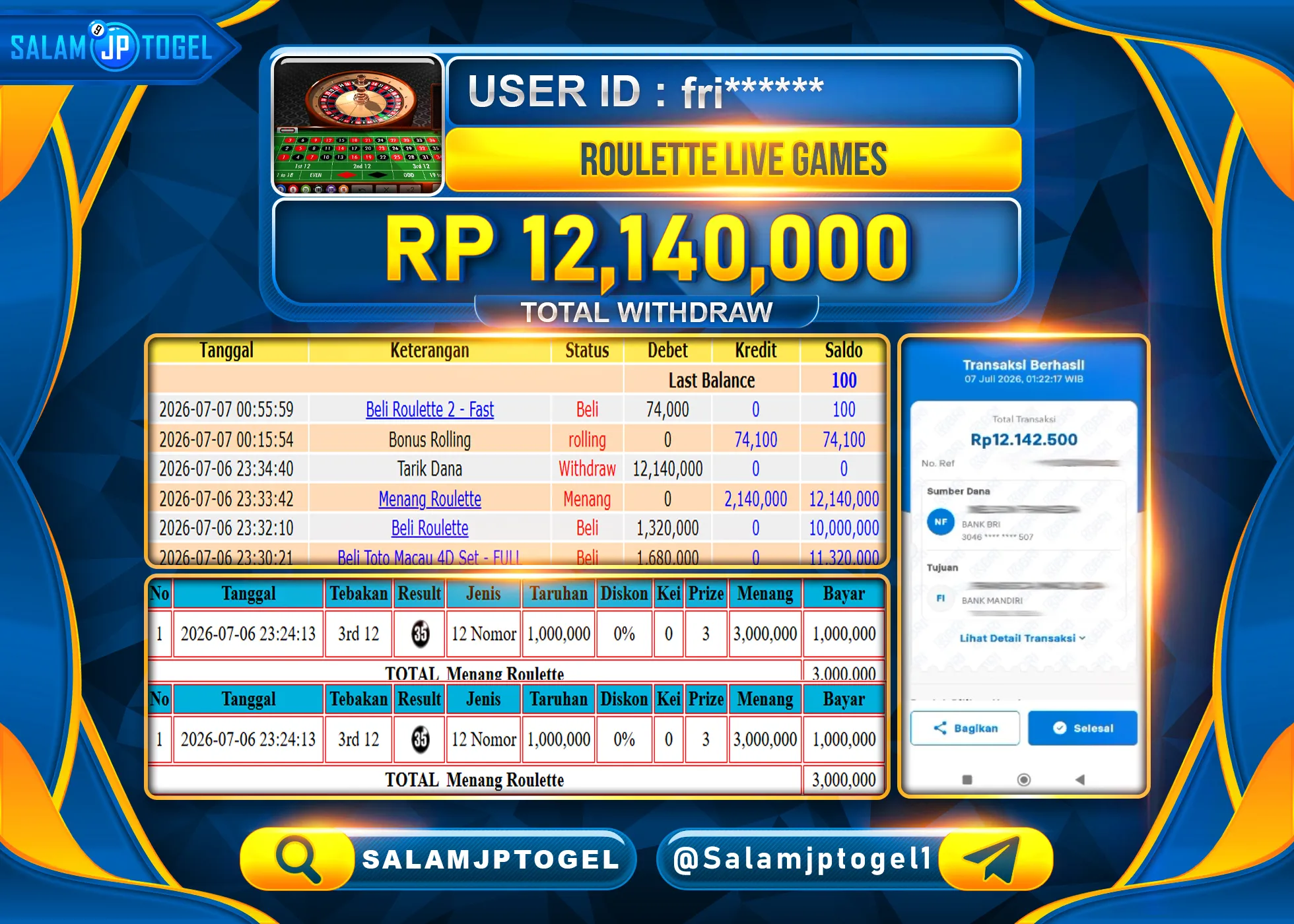 SALAMJPTOGEL JACKPOT MENANG LIVEGAMES ROULETTE GAMES Rp.12,140,000 - LUNAS
