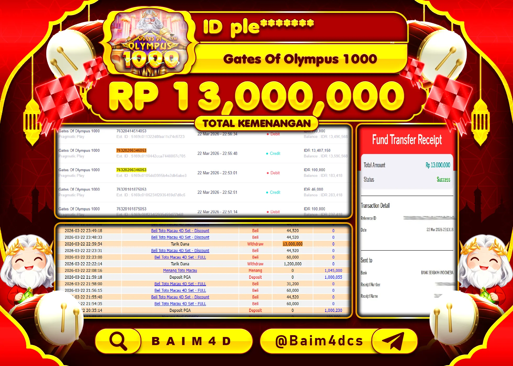 BAIM4D JACKPOT SLOT GATES OF OLYMPUS 1000  Rp.13,000,000 - LUNAS
