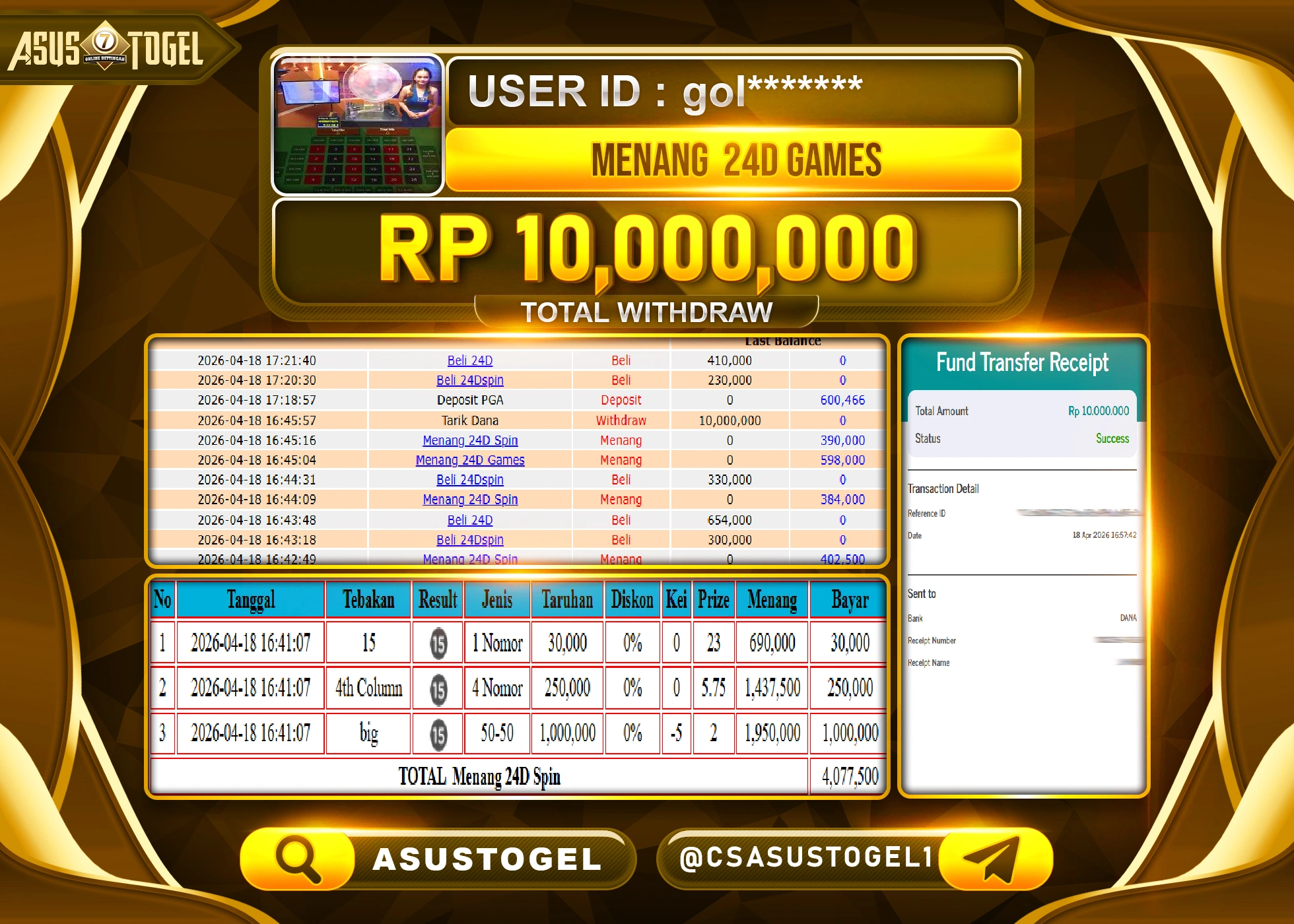 ASUSTOGEL KEMENANGAN JACKPOT DI PERMAINAN LIVEGAME 24D GAMES SEBESAR Rp.10,000,000 - RUPIAH LUNAS