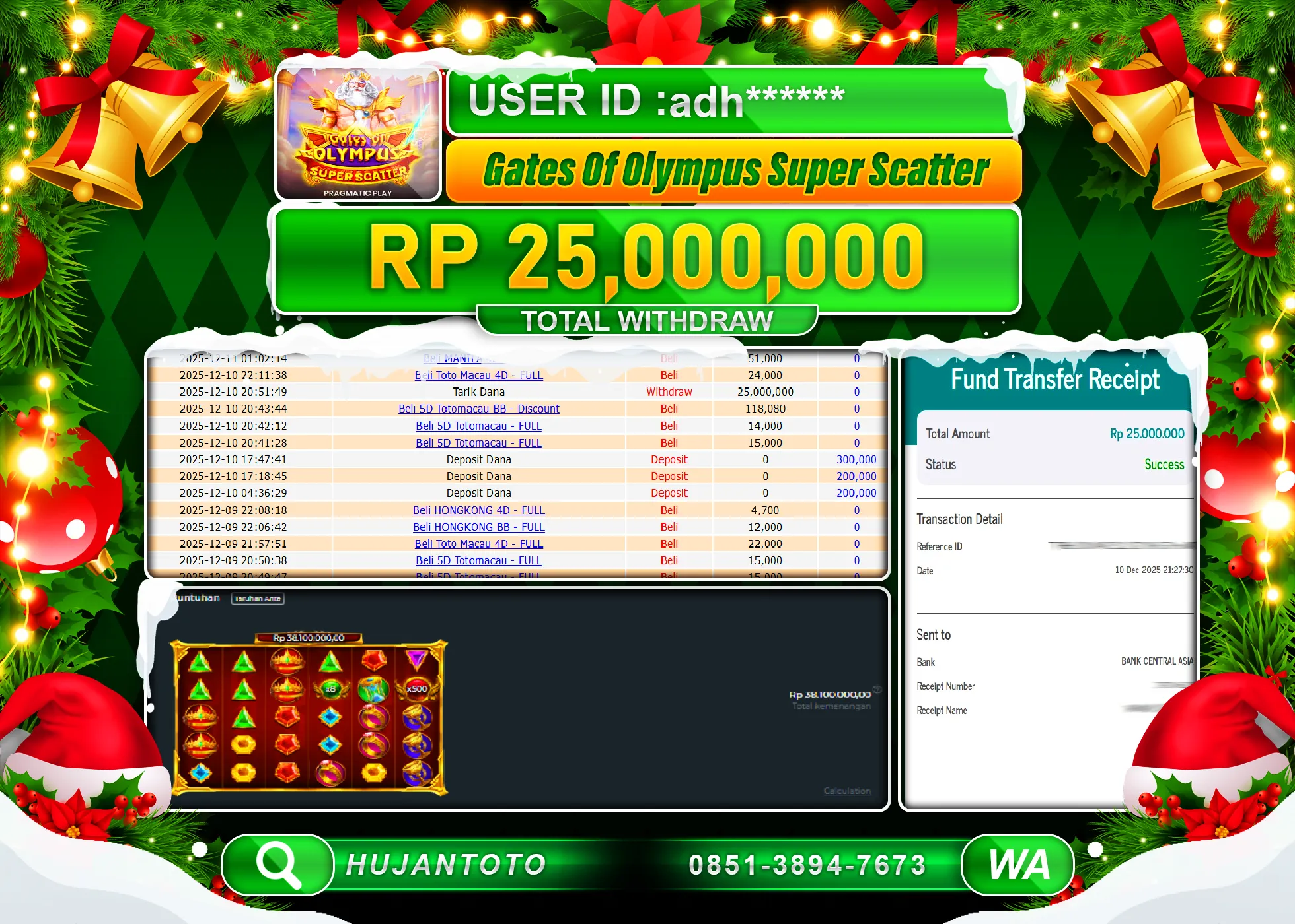 HUJANTOTO - BUKTI JACKPOT MENANG SLOT Gater Of Olympus Super Scatter Rp.25,000,000 - TERBAYAR LUNAS
