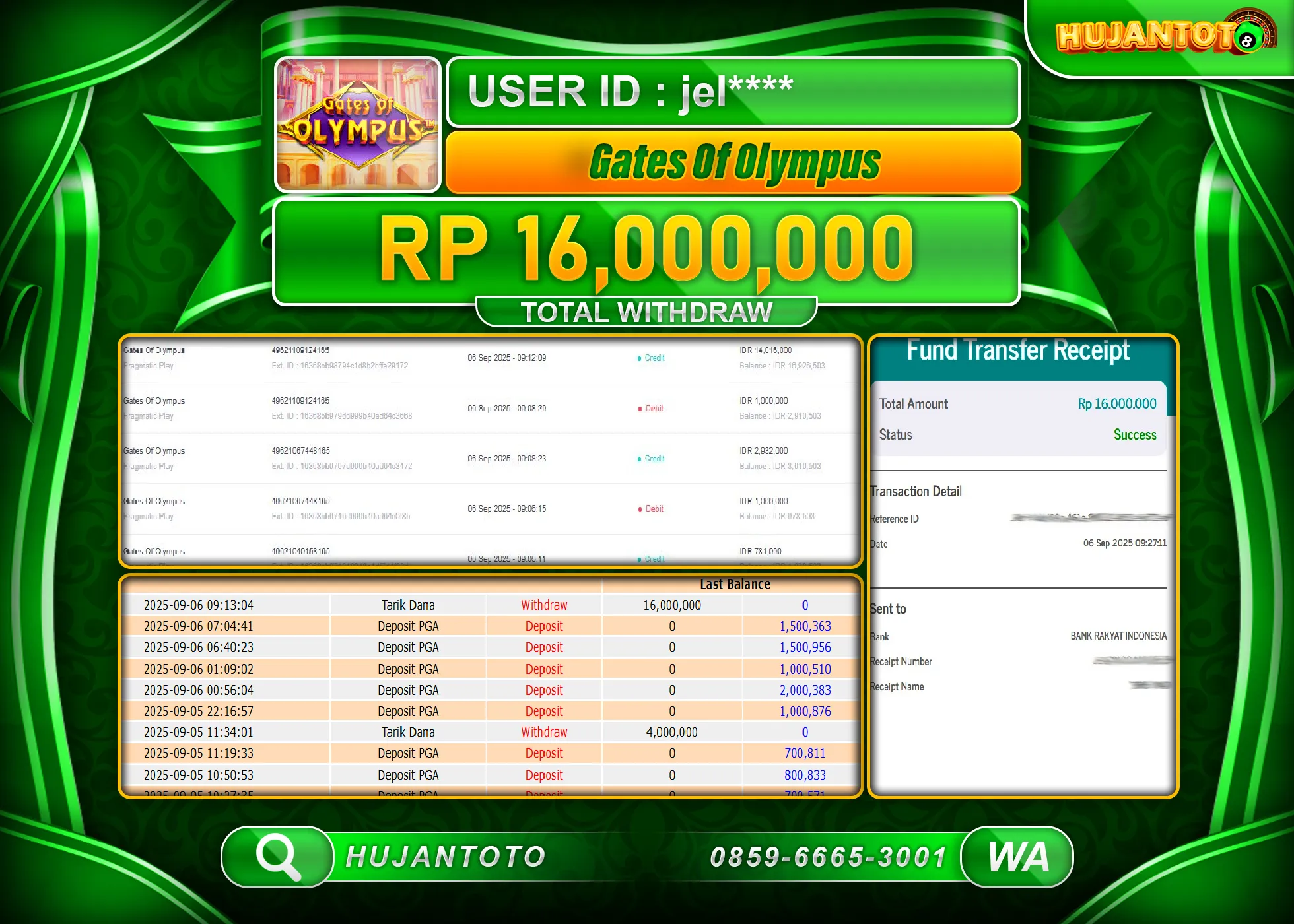 HUJANTOTO - BUKTI JACKPOT MENANG SLOT GATES OF OLYMPUS Rp.16,000,000 - TERBAYAR LUNAS