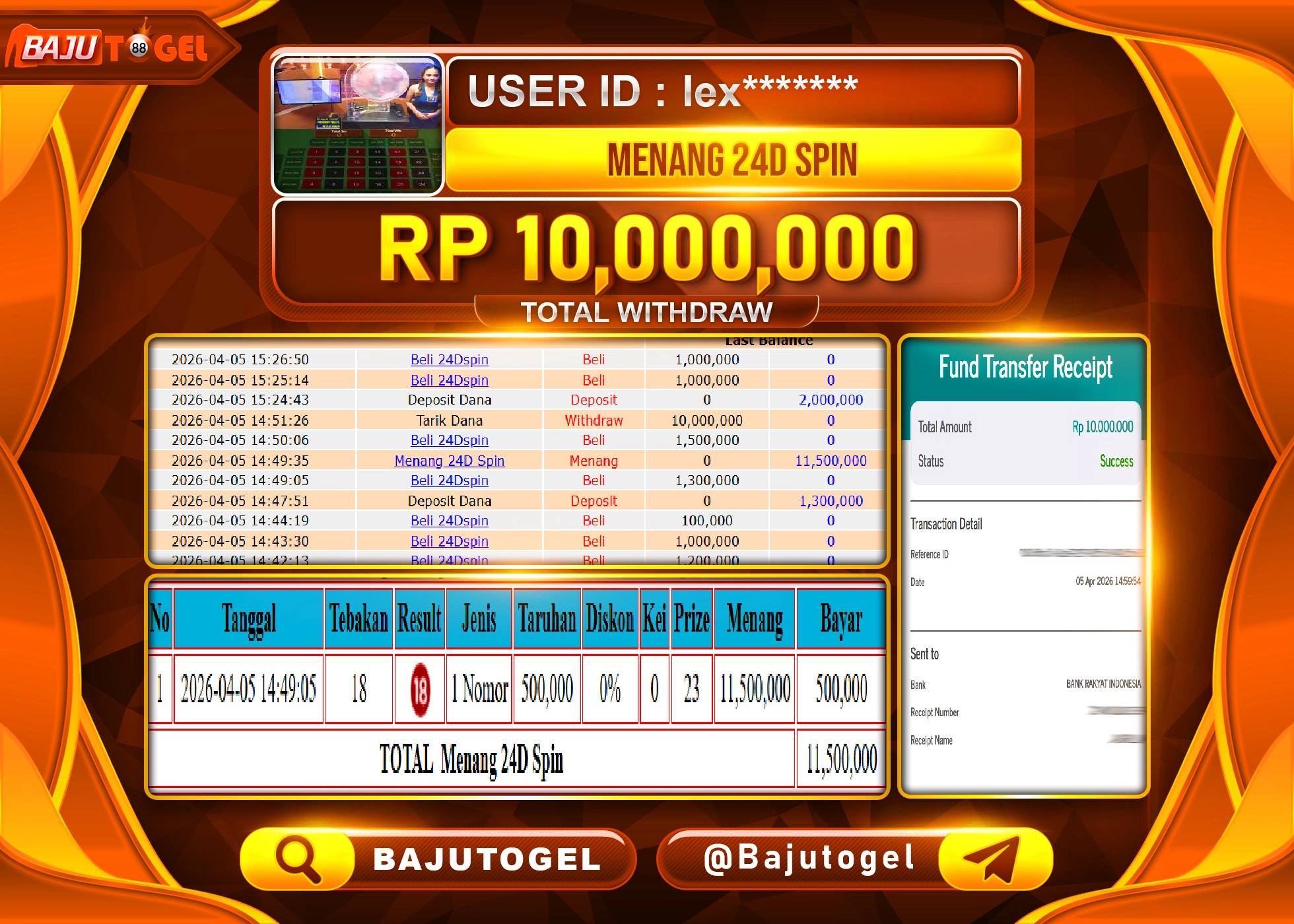 BAJUTOGEL KEMENANGAN DI LIVEGAME 24D SPIN Rp.10,000,000 LUNAS