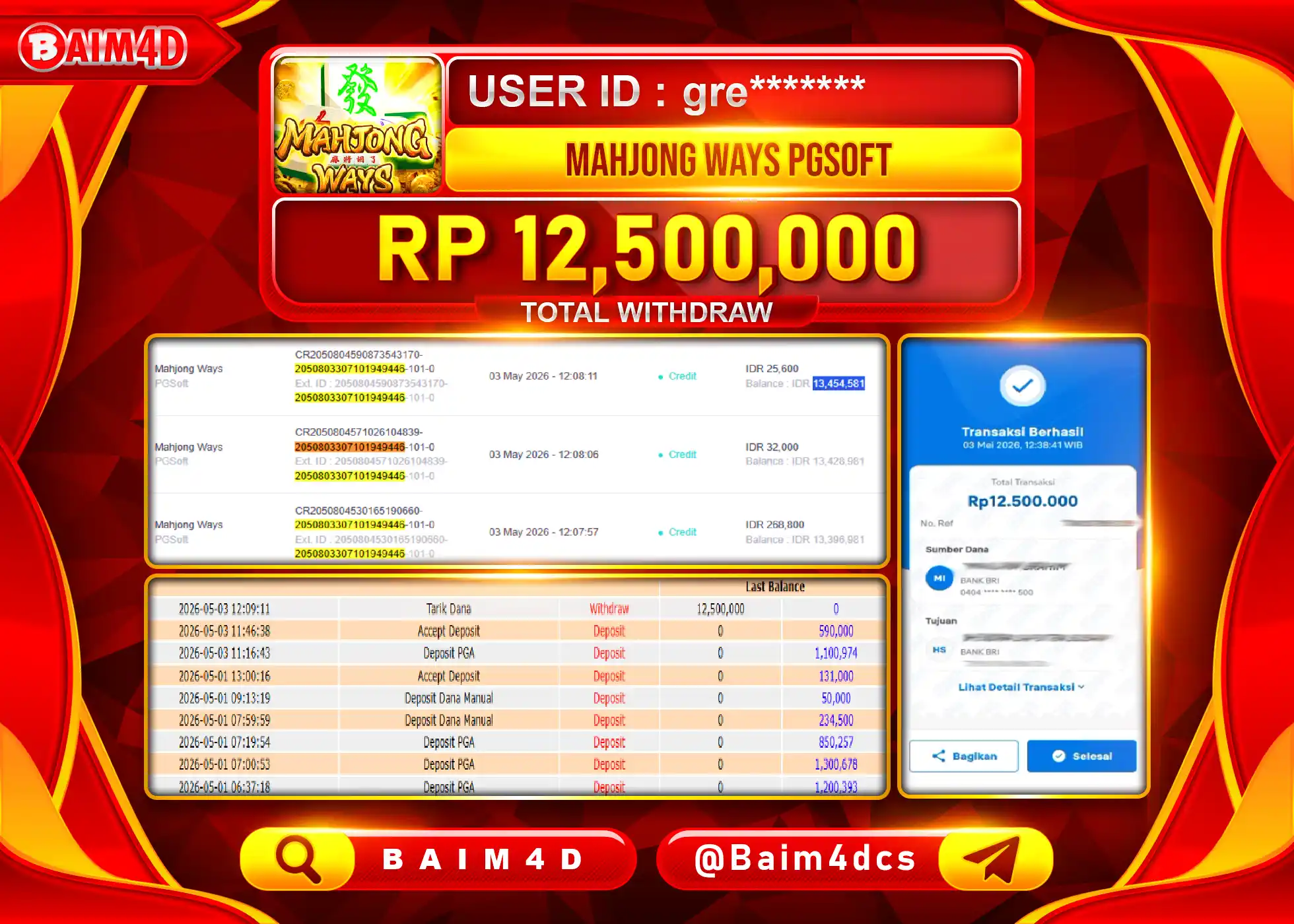 BAIM4D JACKPOT SLOT MAHJONG WAYS Rp.12,500,000 - LUNAS
