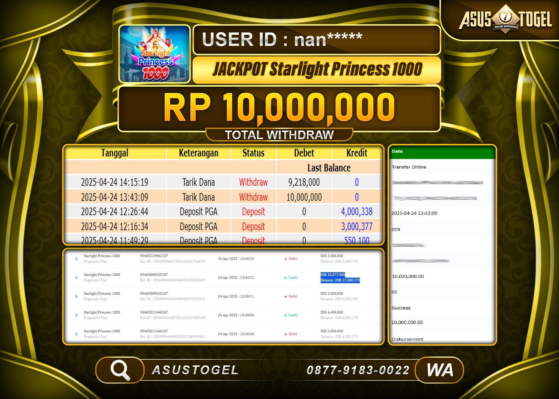  ASUSTOGEL KEMENANGAN DI SLOT STARLIGHT PRINCESS 1000 SEBESAR 10,000,000- RUPIAH LUNAS