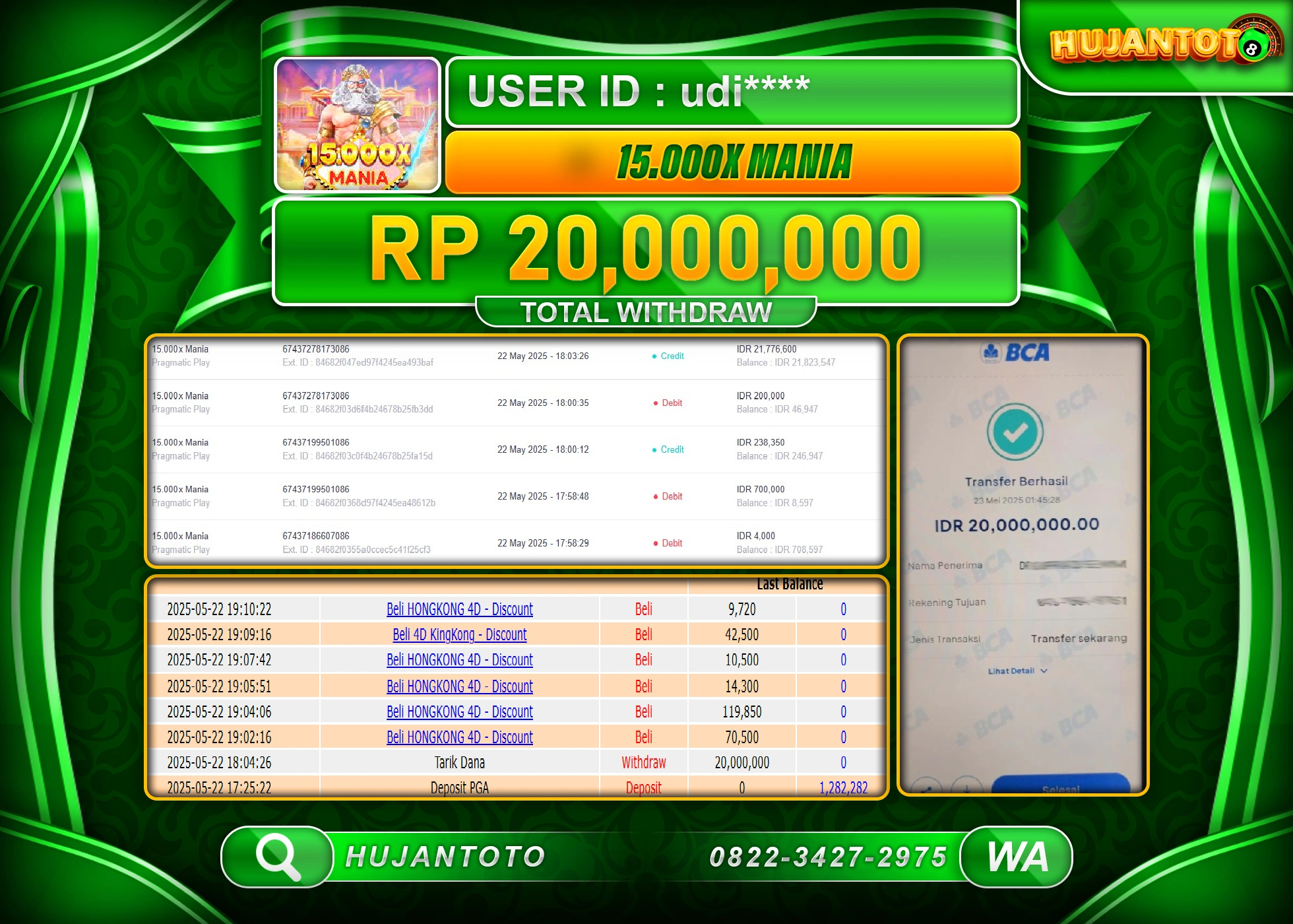 HUJANTOTO - BUKTI JACKPOT MENANG SLOT 15.000X MANIA PG SOFT Rp,20,000,000 - TERBAYAR LUNAS