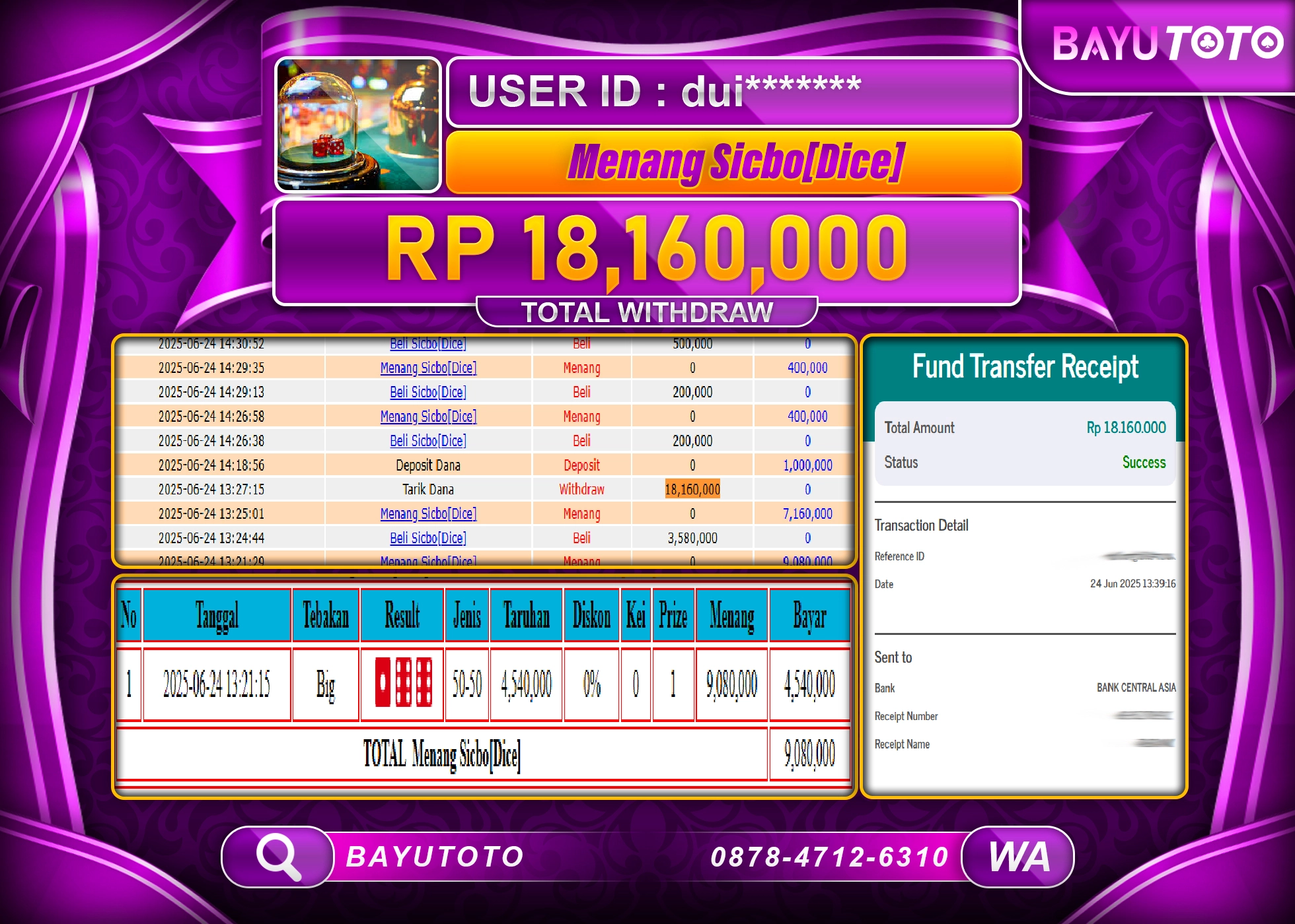 BAYUTOTO JACKPOT DI LIVE GAMES Sicbo[Dice] Rp.18,160,000 LUNAS