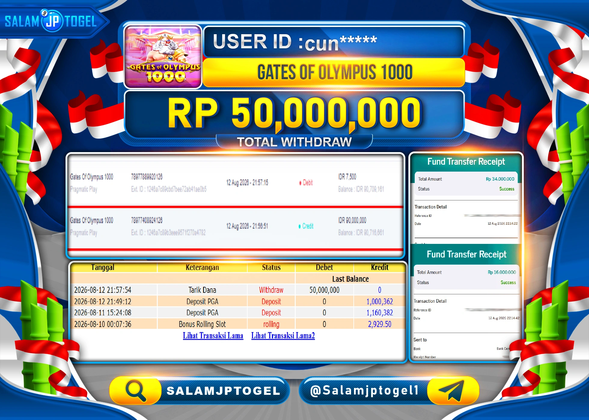 SALAMJPTOGEL JACKPOT MENANG SLOT GATES OF OLYMPUS 1000 Rp.50,000,000 - LUNAS