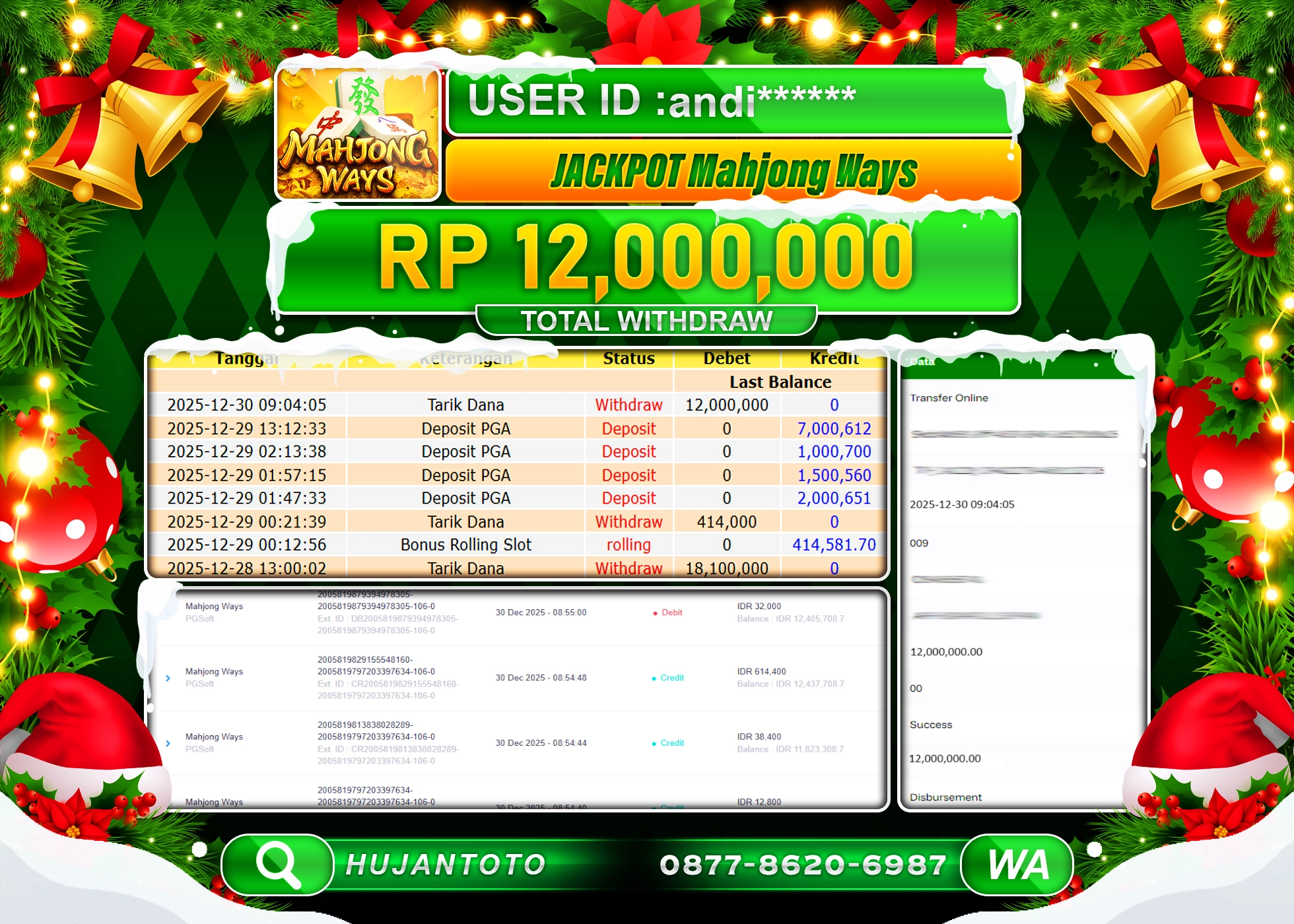 HUJANTOTO - BUKTI JACKPOT KEMENANGAN DISLOT MAHJONG WAYS  PGSOFT Rp.12,000,000 - TERBAYAR LUNAS