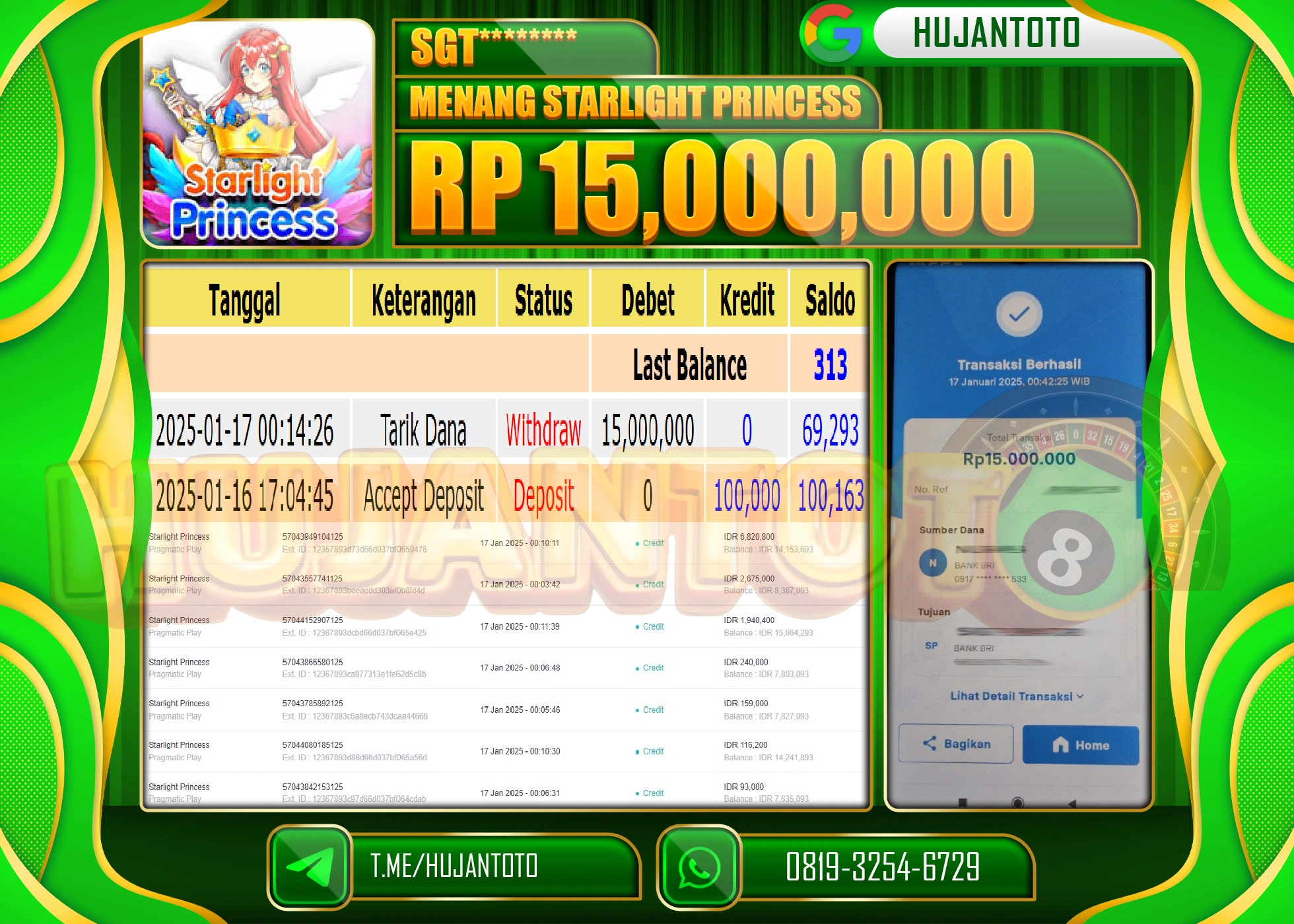 HUJANTOTO - BUKTI JACKPOT DI PERMAINAN STARLIGHT PRINCESS Rp,15,000,000 - TERBAYAR LUNAS