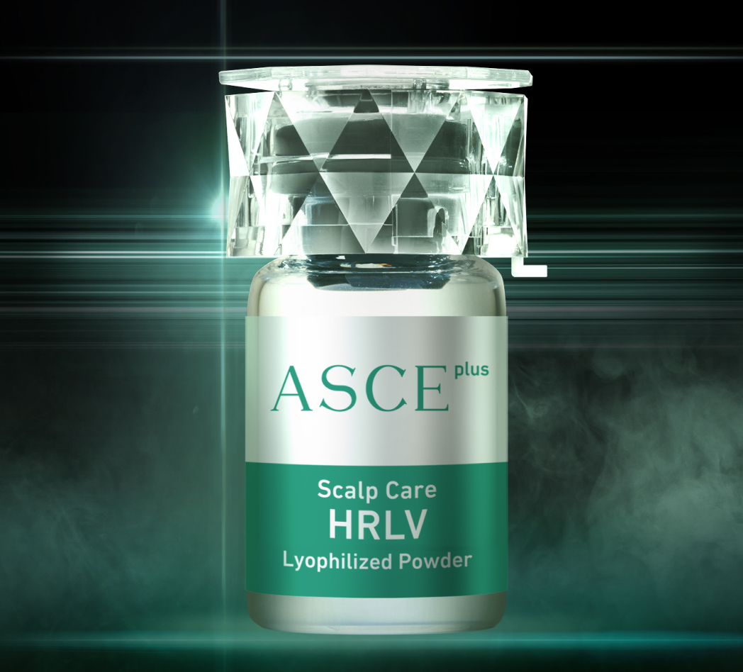 A bottle of ASCE Plus HRLV Scalp Care lyophilized powder against a dark background.