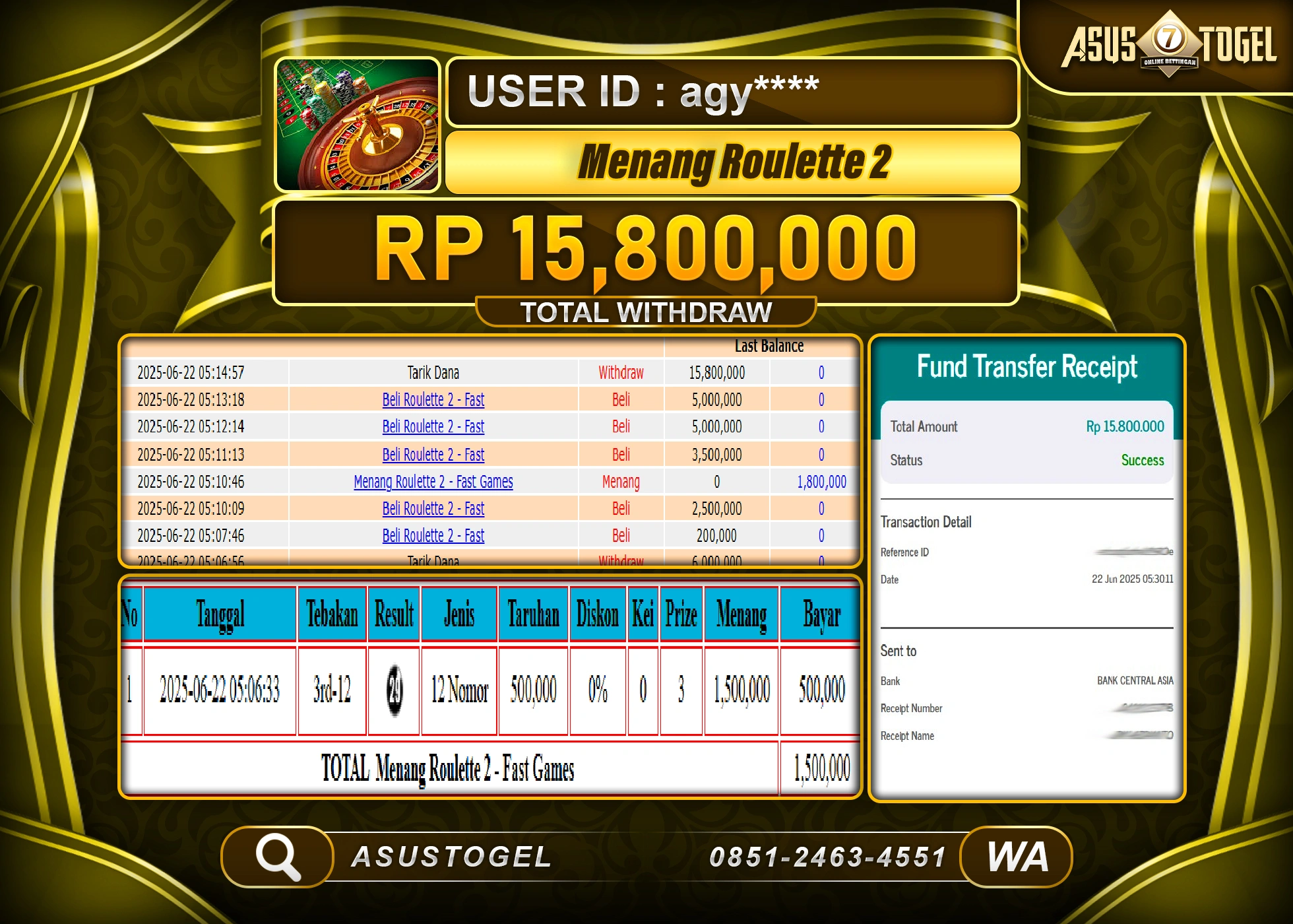 ASUSTOGEL KEMENANGAN DI LIVEGAME ROULETTE 2 SEBESAR 15,800,000- RUPIAH LUNAS