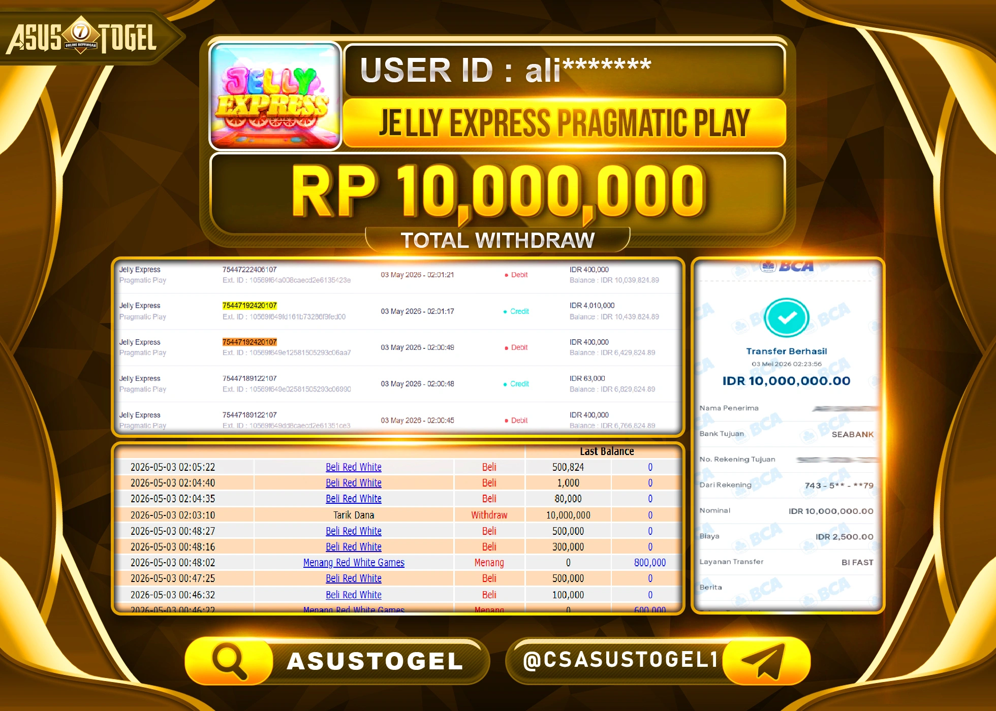 ASUSTOGEL KEMENANGAN JACKPOT DI JELLY EXPRESS  PRAGMATIC PLAY SEBESAR Rp.10,000,000 - RUPIAH LUNAS