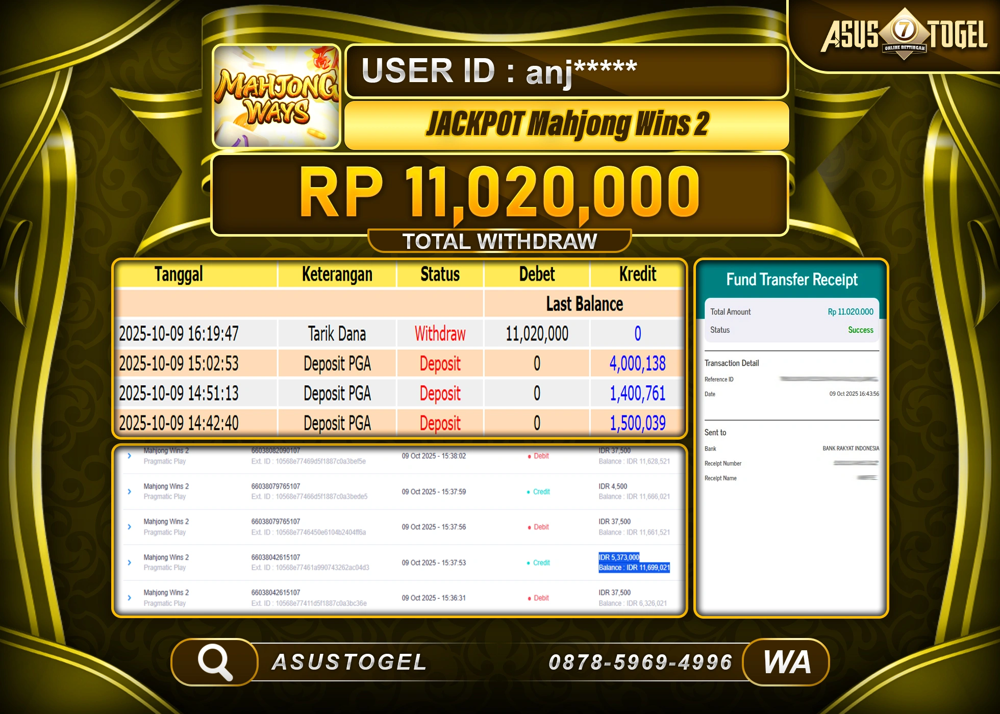 ASUSTOGEL KEMENANGAN DI SLOT MAHJONG WINS 2 SEBESAR 11,020,000- RUPIAH LUNAS