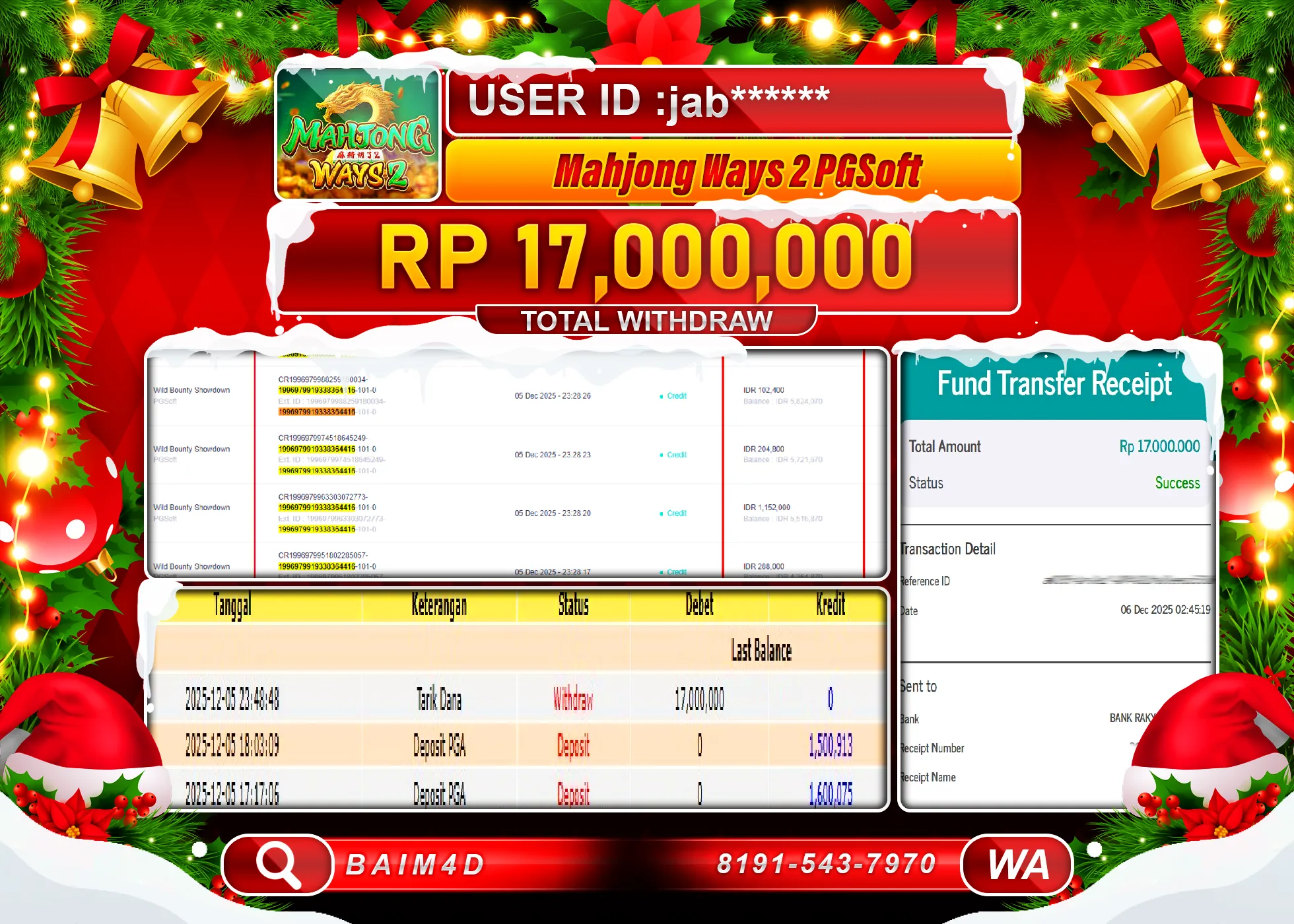 BAIM4D JACKPOT SLOT MAHJONG WAYS 2 PG SOFT Rp.17,000,000 - LUNAS