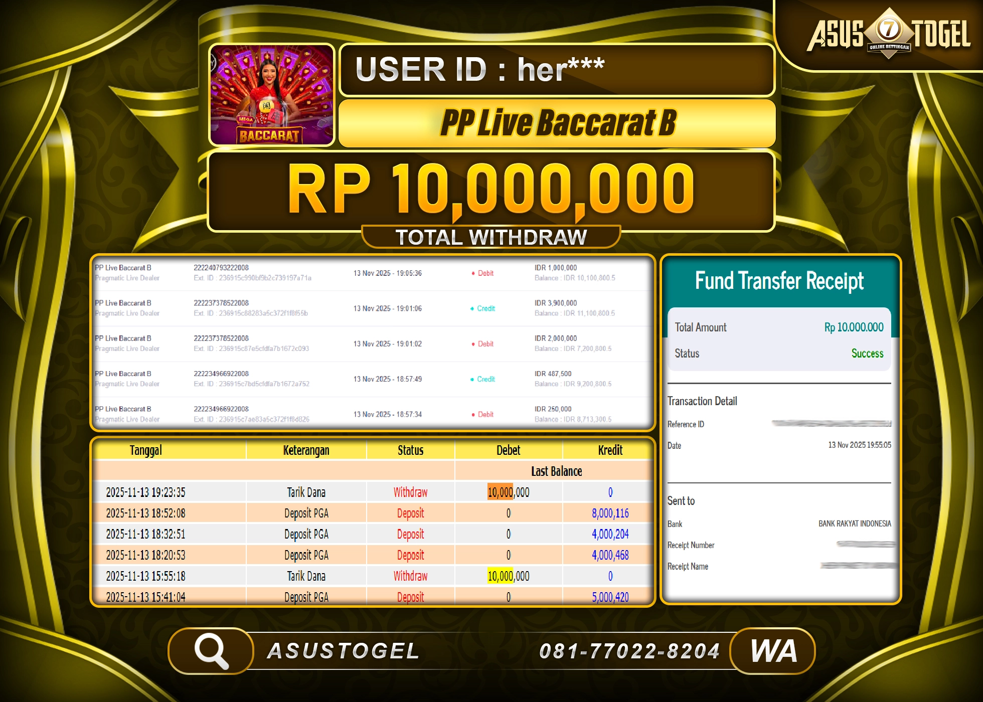 ASUSTOGEL KEMENANGAN DI LIVE GAMES PP BACCARAT SEBESAR 10,000,000 - RUPIAH LUNAS