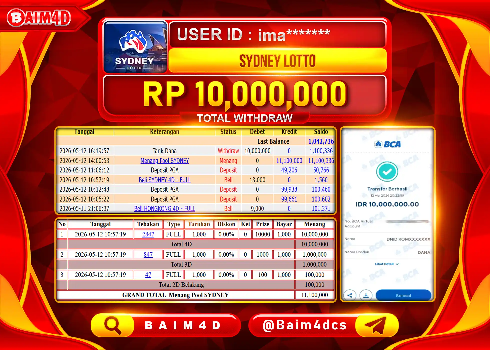 BAIM4D JACKPOT TOGEL PASARAN SYDNEY LOTTO Rp.10.000.000 - LUNAS