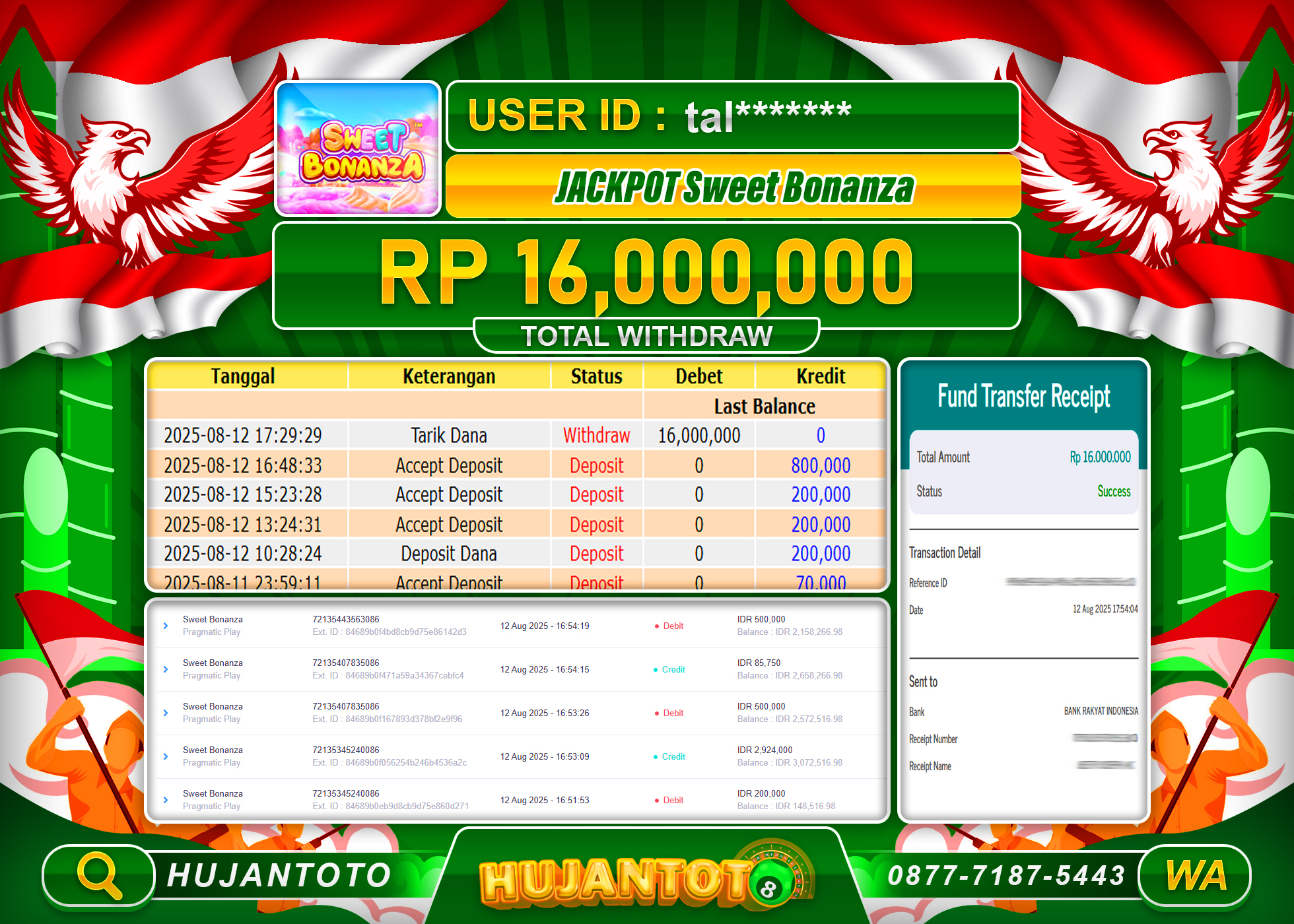 HUJANTOTO - BUKTI JACKPOT MENANG SLOT SWEET BONANZA Rp.16,000,000 - TERBAYAR LUNAS