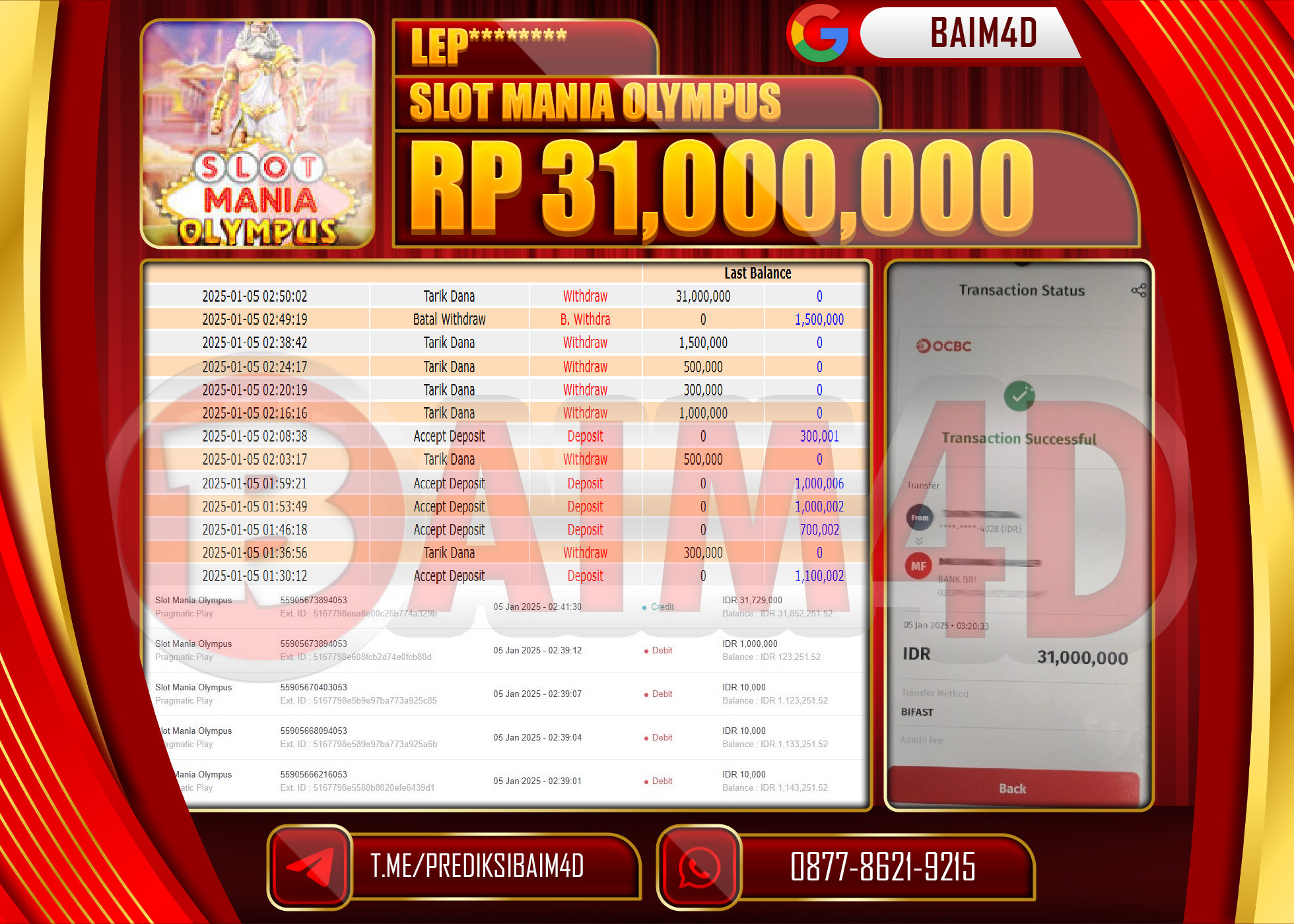 BAIM4D JACKPOT MENANG Slot Mania Olympus Wins 3 Rp.31,000,000.- LUNAS