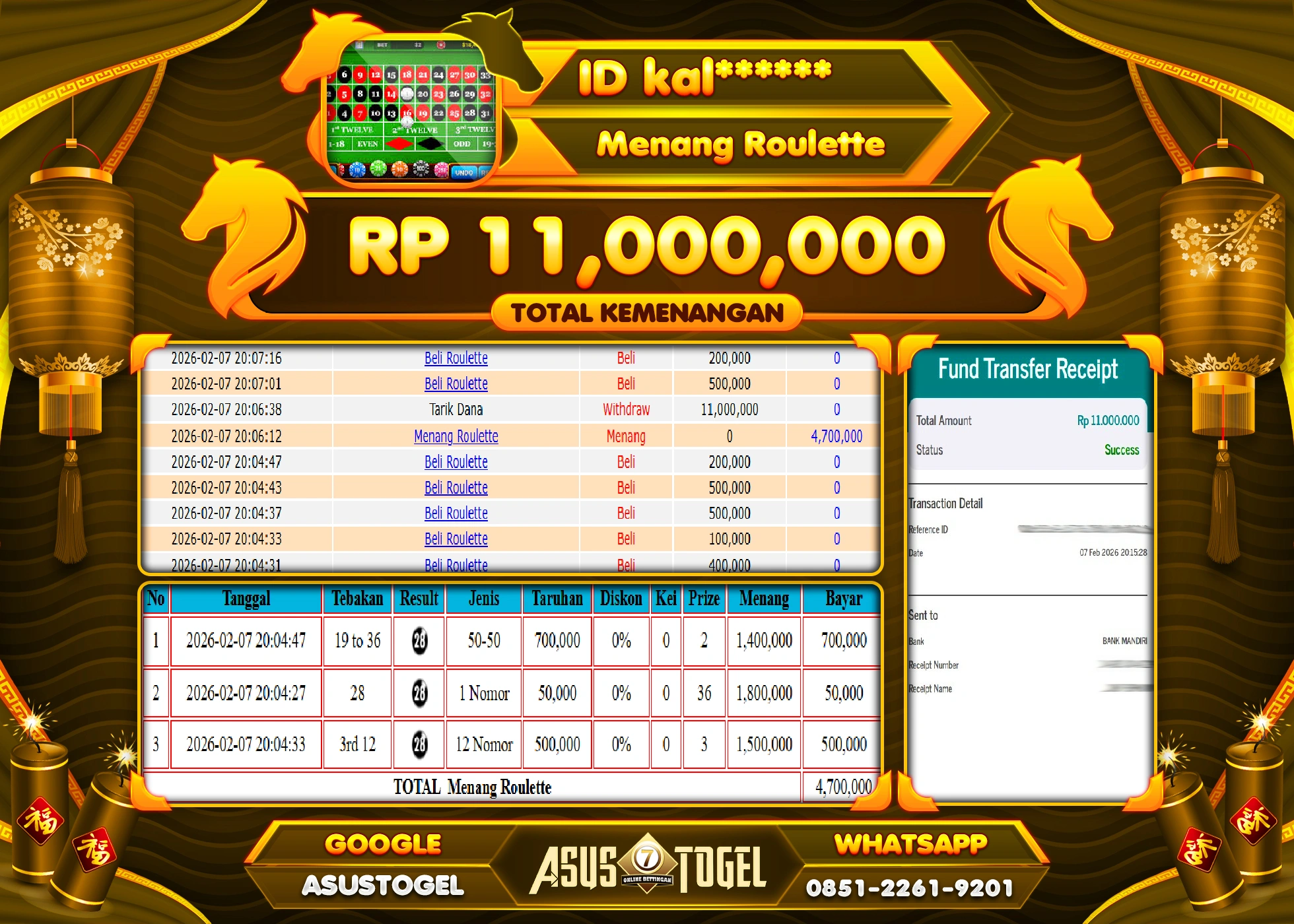 ASUSTOGEL KEMENANGAN DI ROULETTE GAMES SEBESAR 11,000,000 - RUPIAH LUNAS