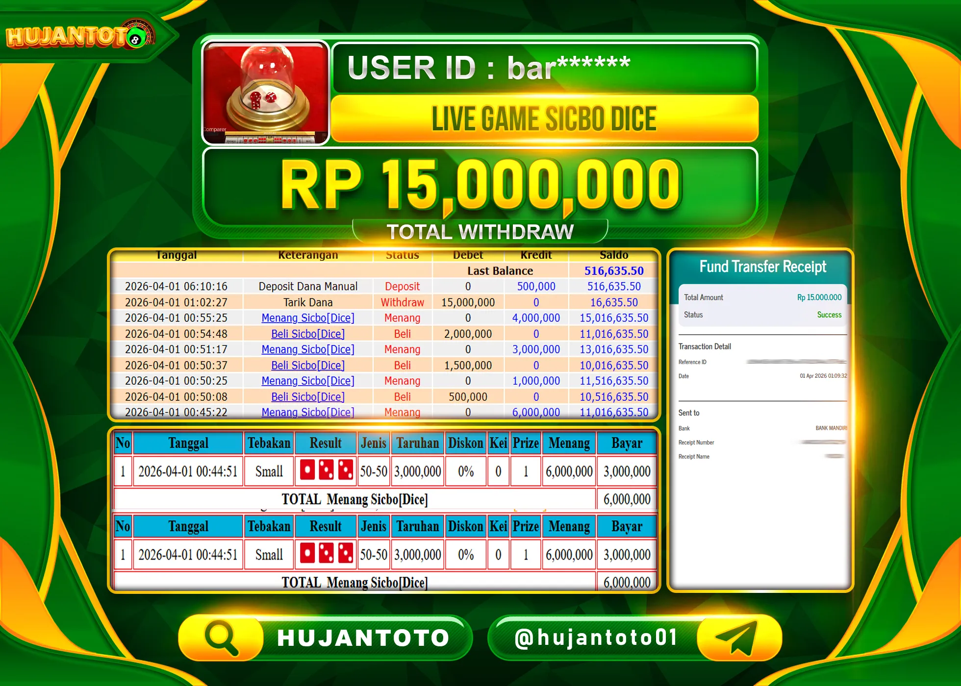 HUJANTOTO - BUKTI JACKPOT MENANG LIVEGAMES SICBO DICE Rp.15,000,000 - TERBAYAR LUNAS