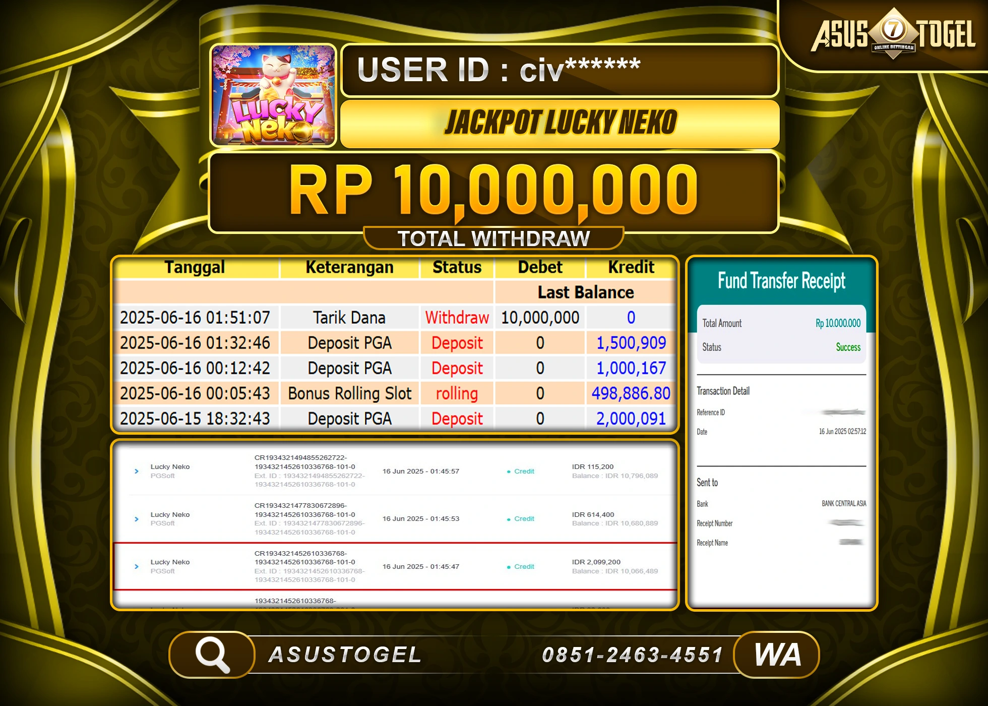 ASUSTOGEL KEMENANGAN DI SLOT LUCKY NEKO  SEBESAR 10,000,000- RUPIAH LUNAS