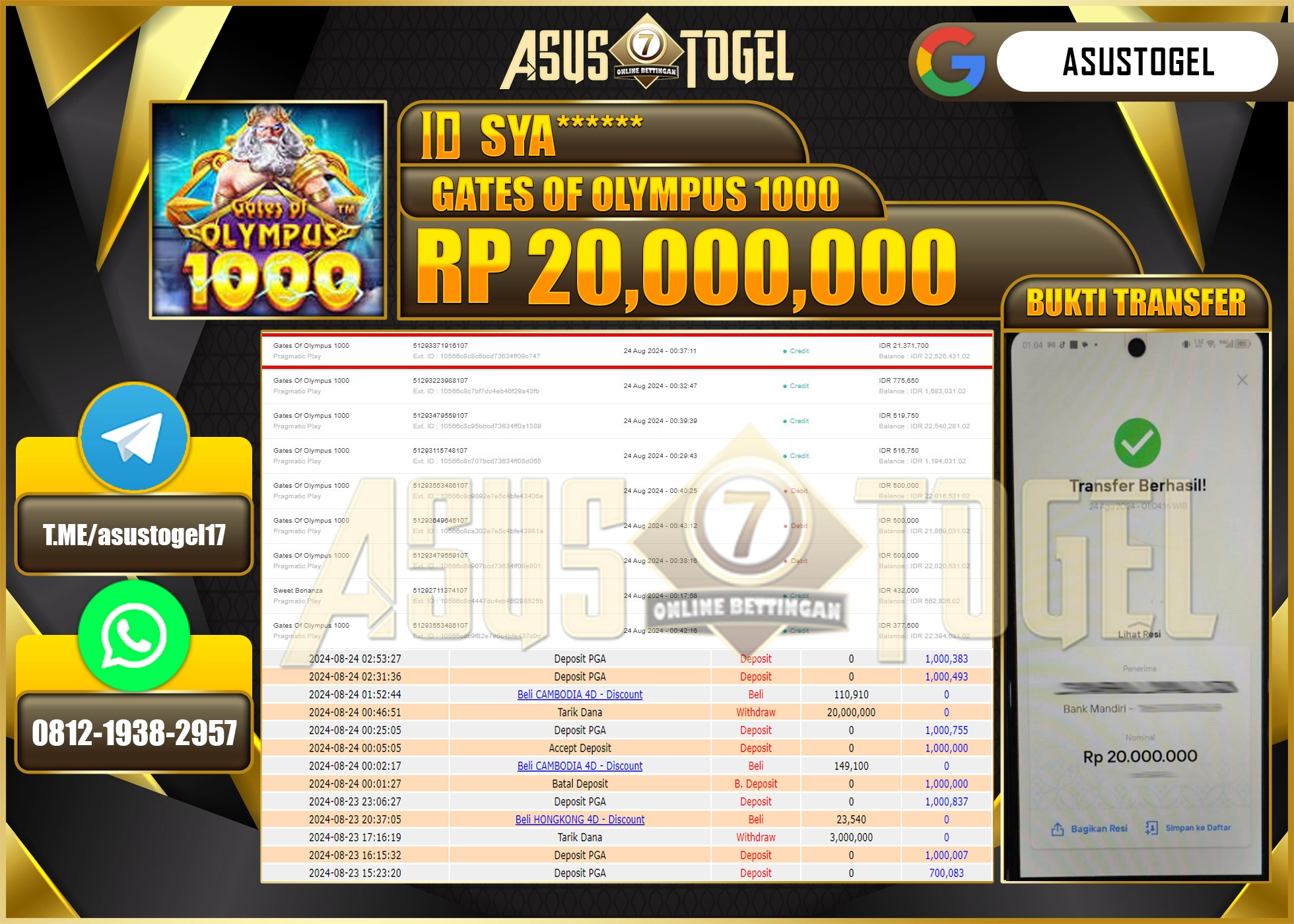 ASUSTOGEL KEMENANGAN DI GATES OF OLYMPUS 1000  SEBESAR 20,000,000- RUPIAH LUNAS