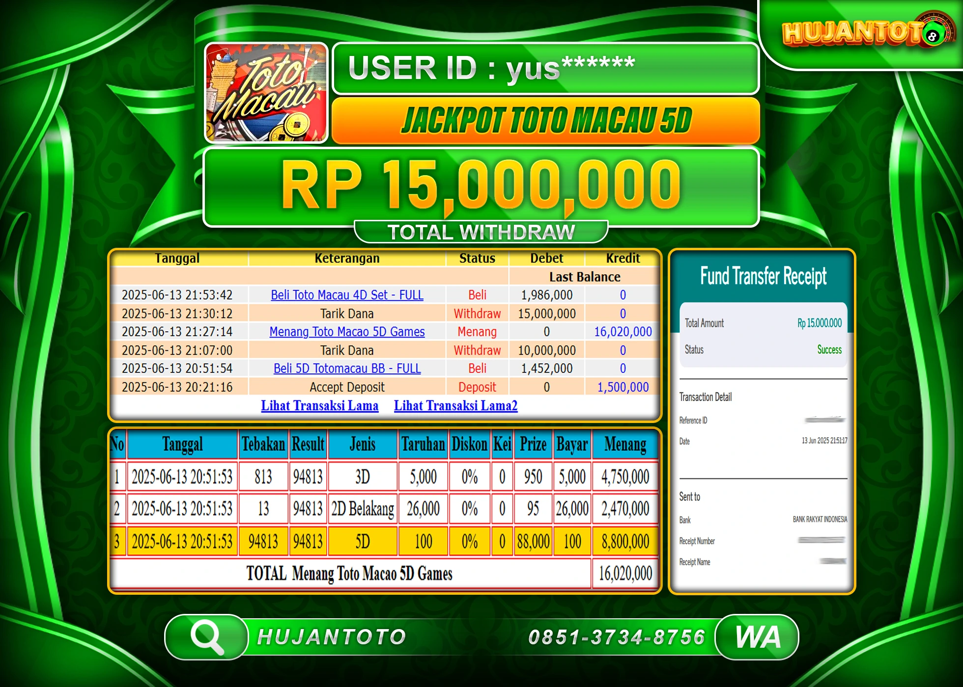 HUJANTOTO - BUKTI JACKPOT MENANG TOGEL TOTO MACAU 4D Rp.15,000,000 - TERBAYAR LUNAS