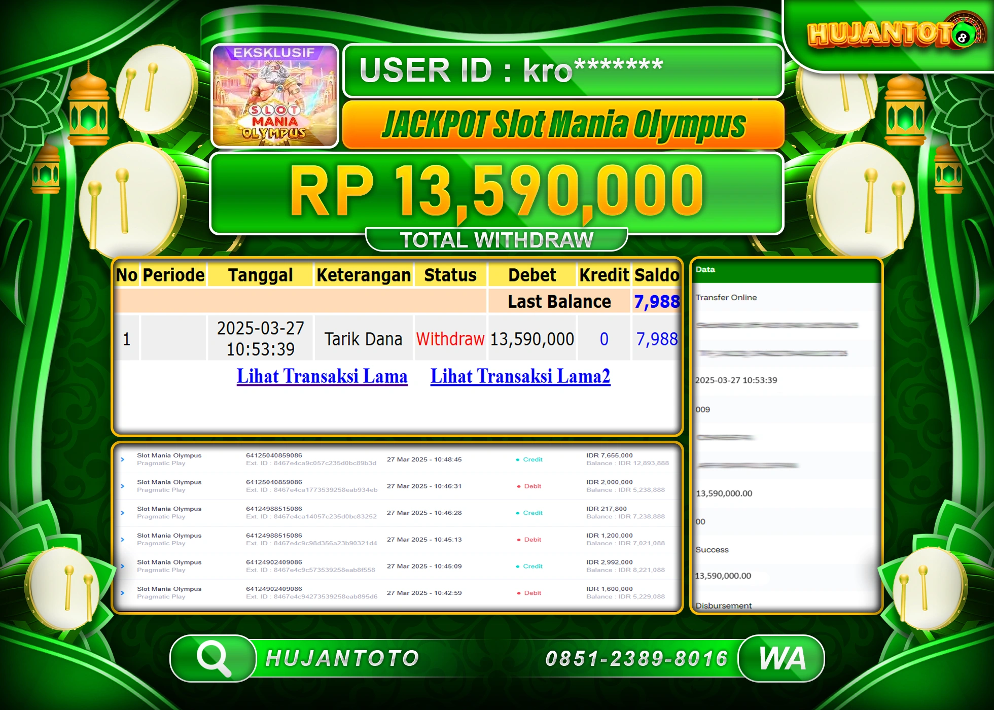 HUJANTOTO - BUKTI JACKPOT MENANG SLOT MANIA OLYMPUS Rp,13,590,000   - TERBAYAR LUNAS
