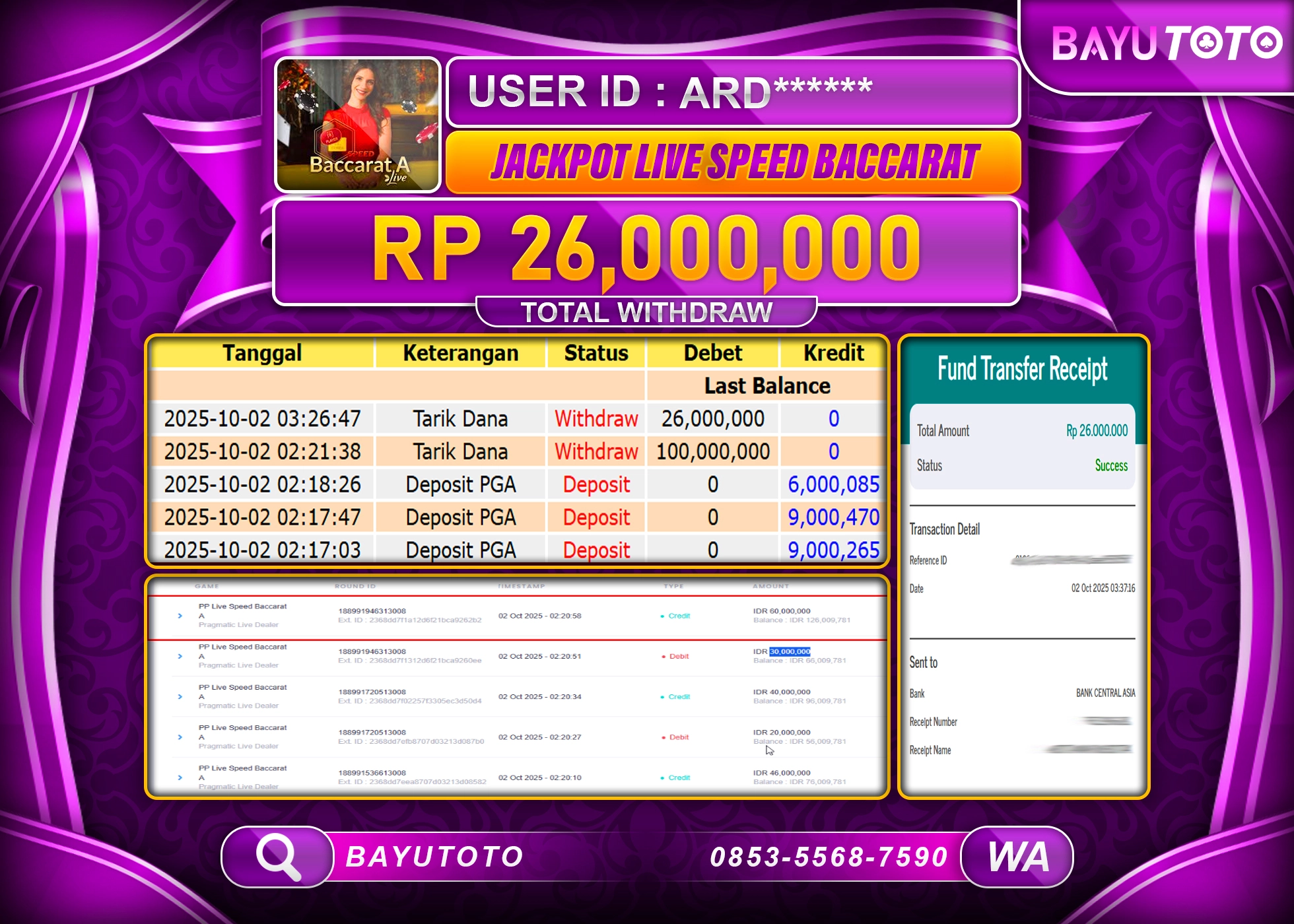 BAYUTOTO JACKPOT DI GAME  LIVEGAMES PP LIVE SPEED BACCARAT A Rp.26,000,000 LUNAS