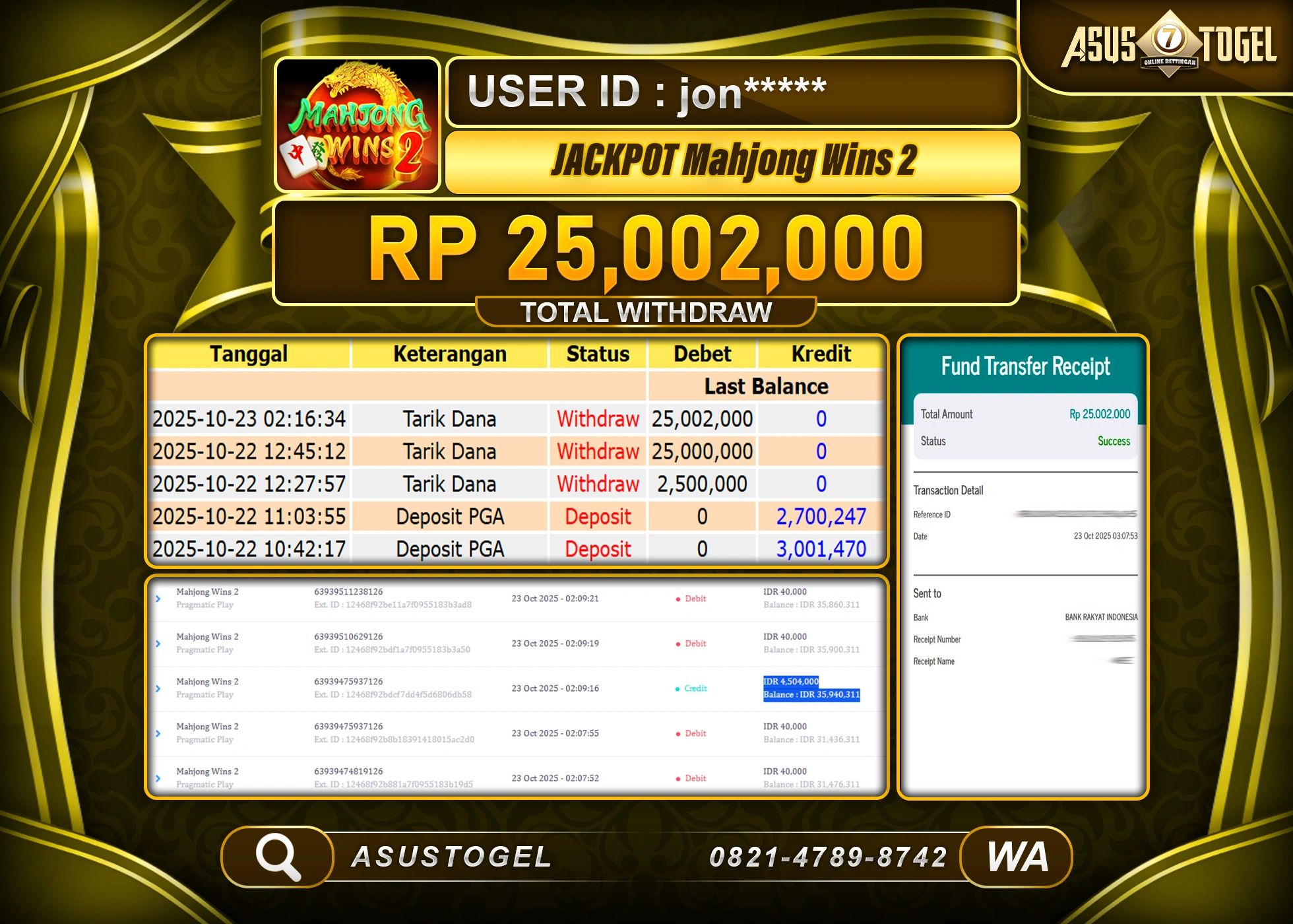 ASUSTOGEL KEMENANGAN DI SLOT MAHJONG WINS 2 SEBESAR 25,002,000- RUPIAH LUNAS