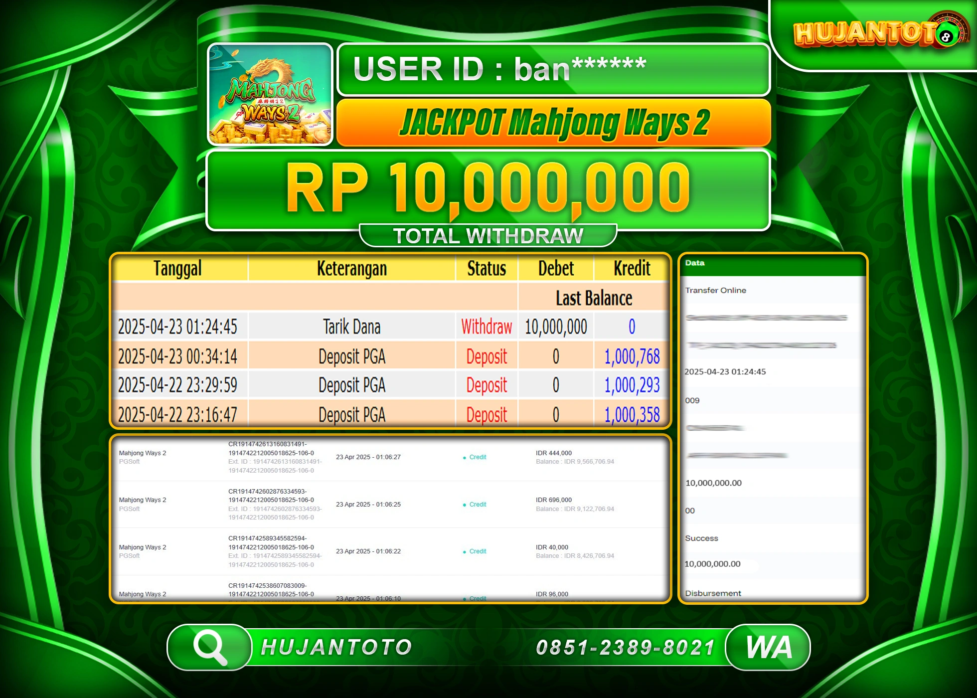 HUJANTOTO - BUKTI JACKPOT MENANG SLOT MAHJONG WAYS 2 Rp,10,000,000 - TERBAYAR LUNAS