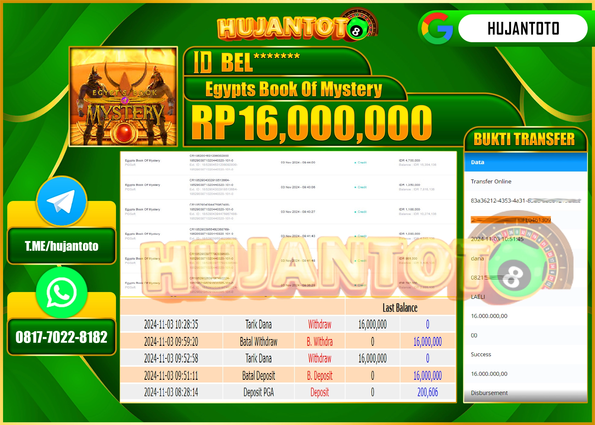 HUJANTOTO MENANG DI PERMAINAN EGYPTS BOOK OF MYSTERY - 16,000,000 - LUNAS