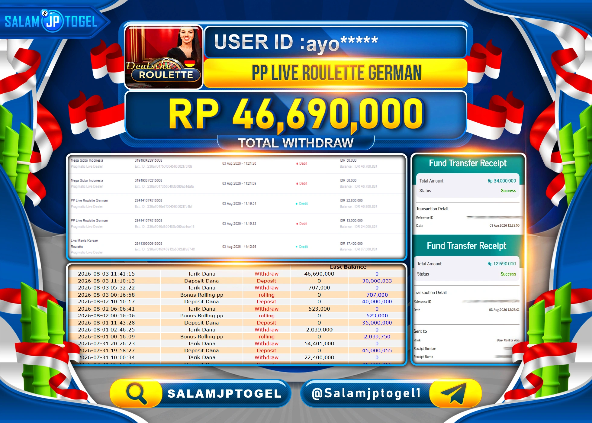 SALAMJPTOGEL JACKPOT MENANG TOGEL PP LIVE ROULETTE GERMAN Rp.46,690,000 - LUNAS