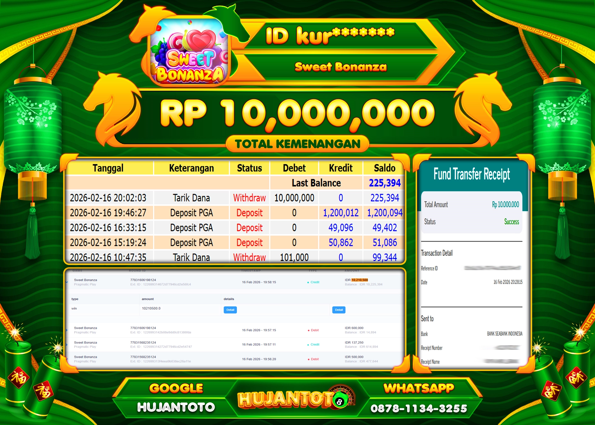 HUJANTOTO - BUKTI JACKPOT MENANG SLOT SWEET BONANZA Rp.10,000,000 - TERBAYAR LUNAS